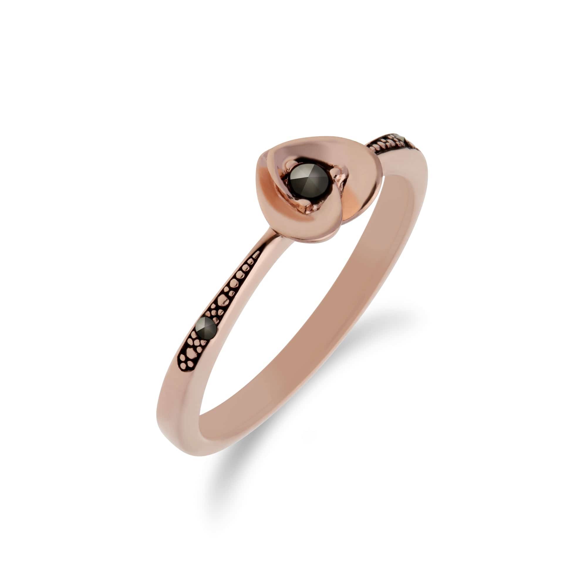 Rose Gold Plated Round Marcasite Heart Design Ring in 925 Sterling Silver - Gemondo