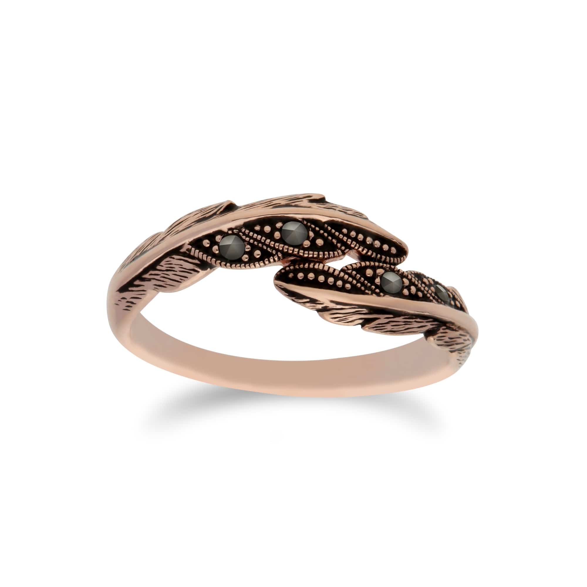 Rose Gold Plated Round Marcasite Feather Wrap Ring in 925 Sterling Silver - Gemondo