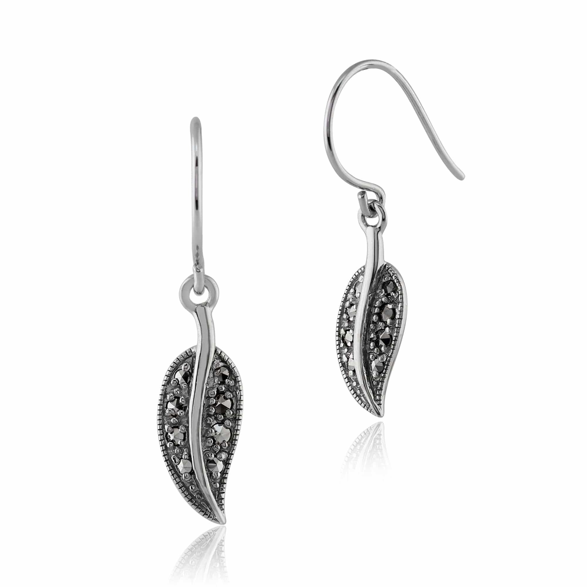 Art Nouveau Style Round Marcasite Leaf Drop Earrings in 925 Sterling Silver - Gemondo