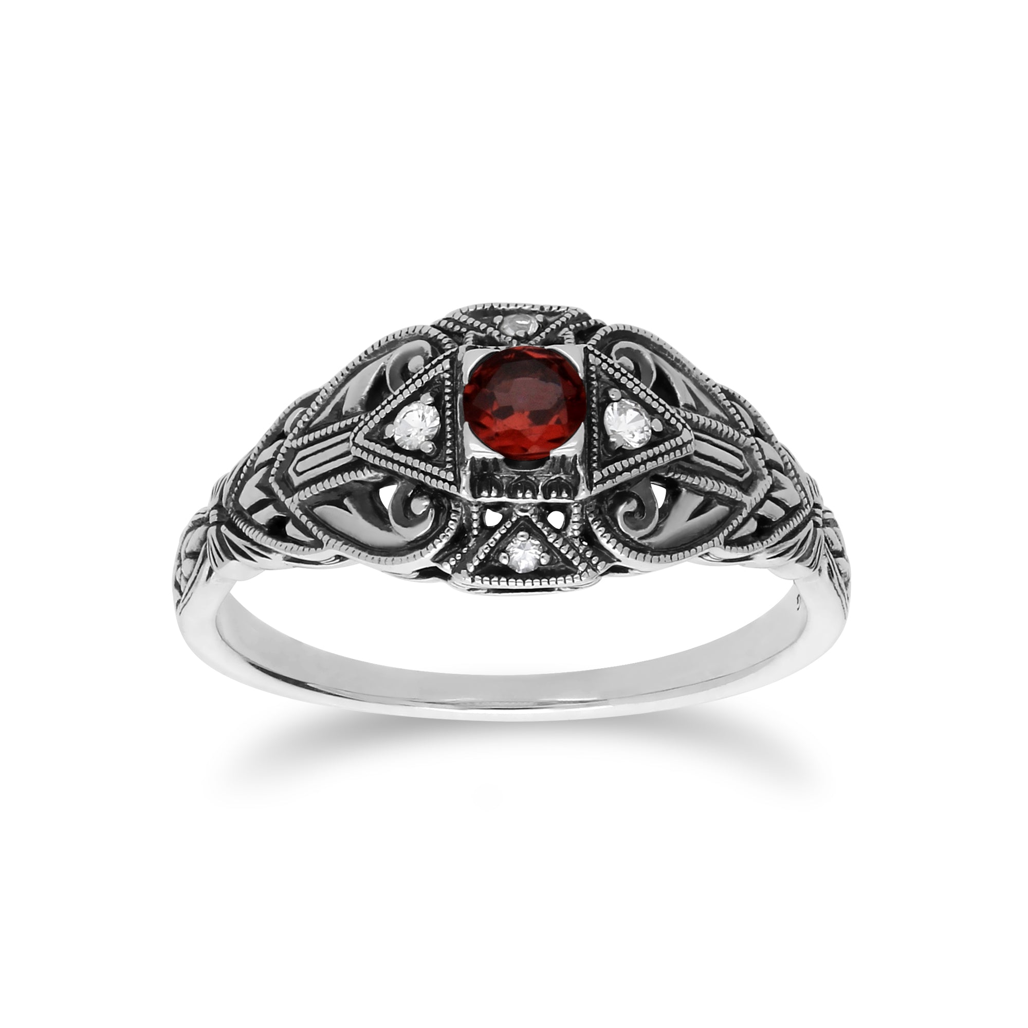 241R210301925 Art Deco Style Round Garnet & White Topaz  Ring in 925 Sterling Silver 1