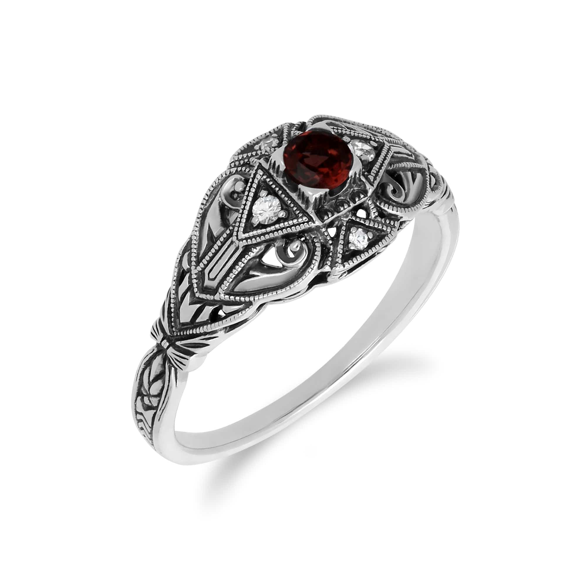 241R210301925 Art Deco Style Round Garnet & White Topaz  Ring in 925 Sterling Silver 2