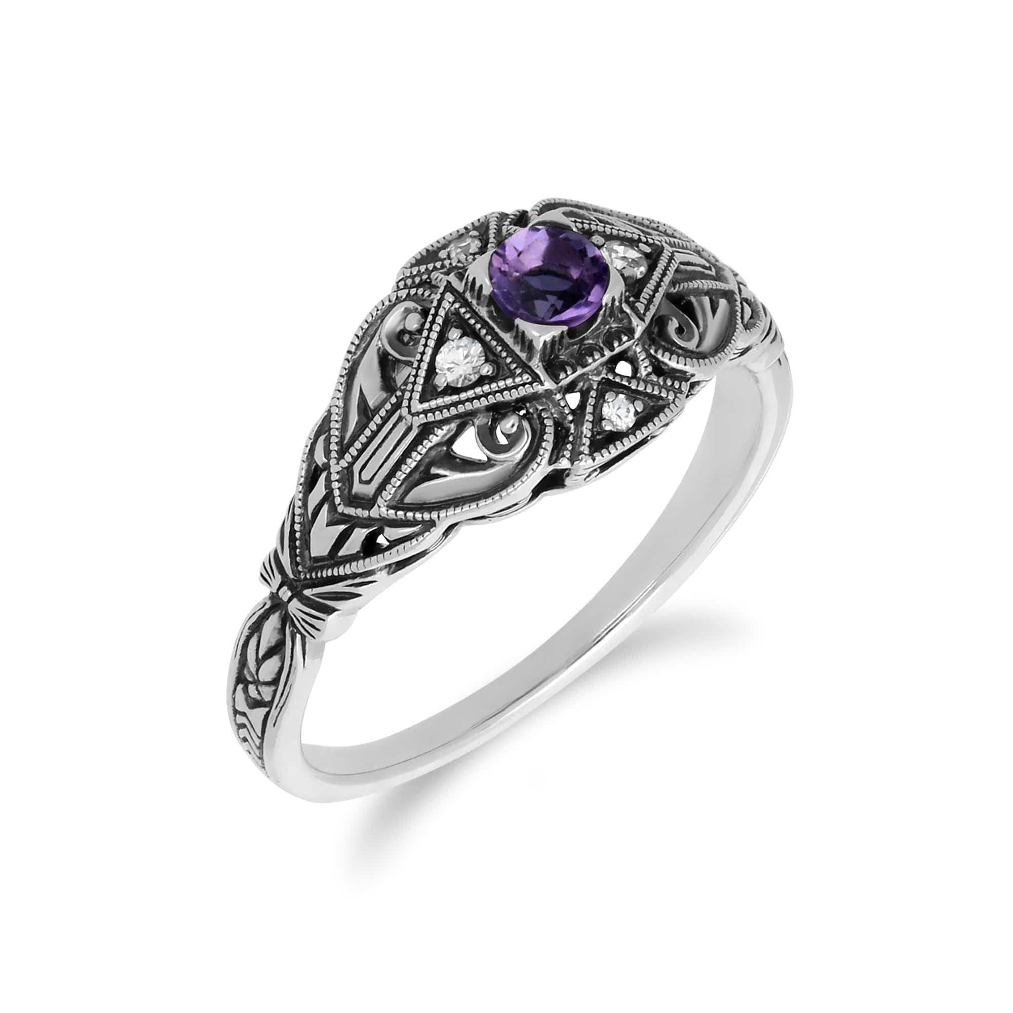 Art Deco Style Round Amethyst & White Topaz  Ring in 925 Sterling Silver - Gemondo