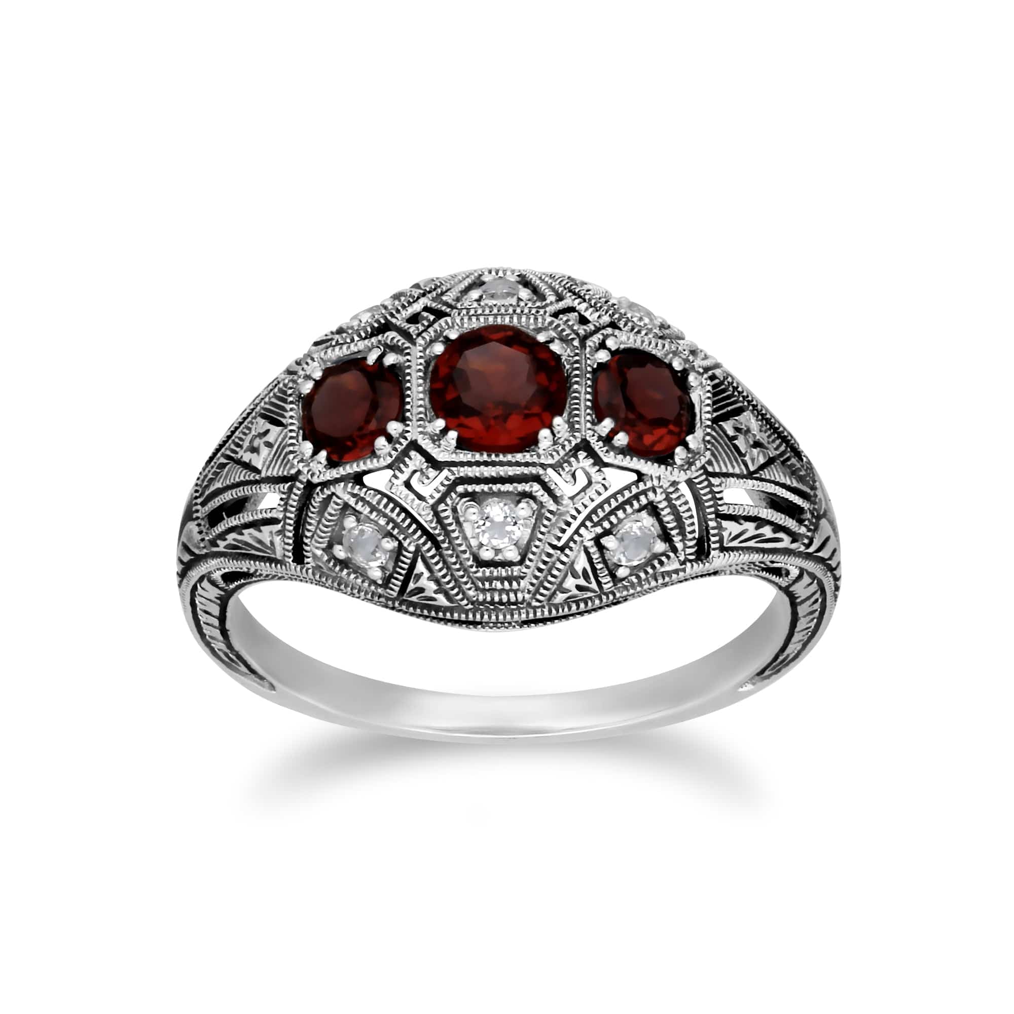 241R210401925 Art Deco Style Round Garnet & White Topaz Three Stone Ring in 925 Sterling Silver 1