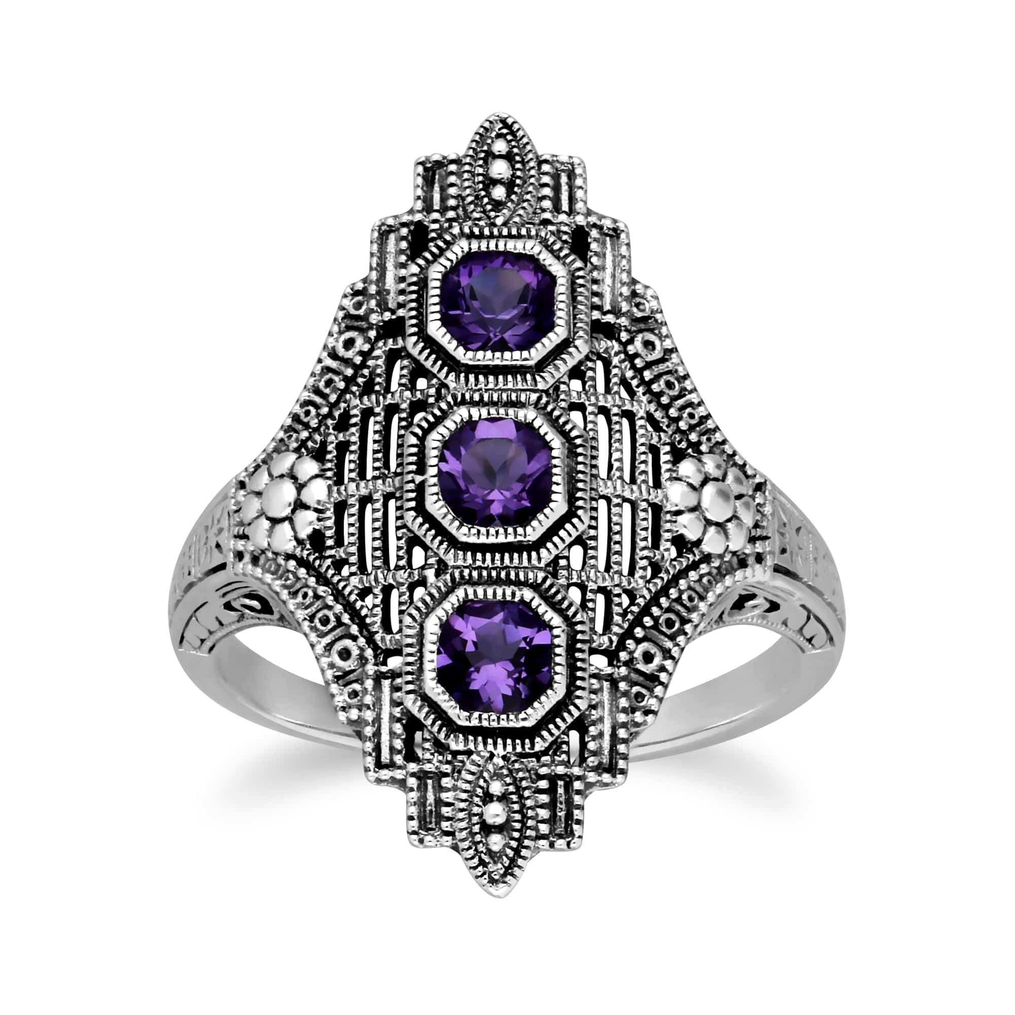241R210502925 Art Nouveau Style Octagon Amethyst Three Stone Filigree Statement Ring in 925 Sterling Silver 1