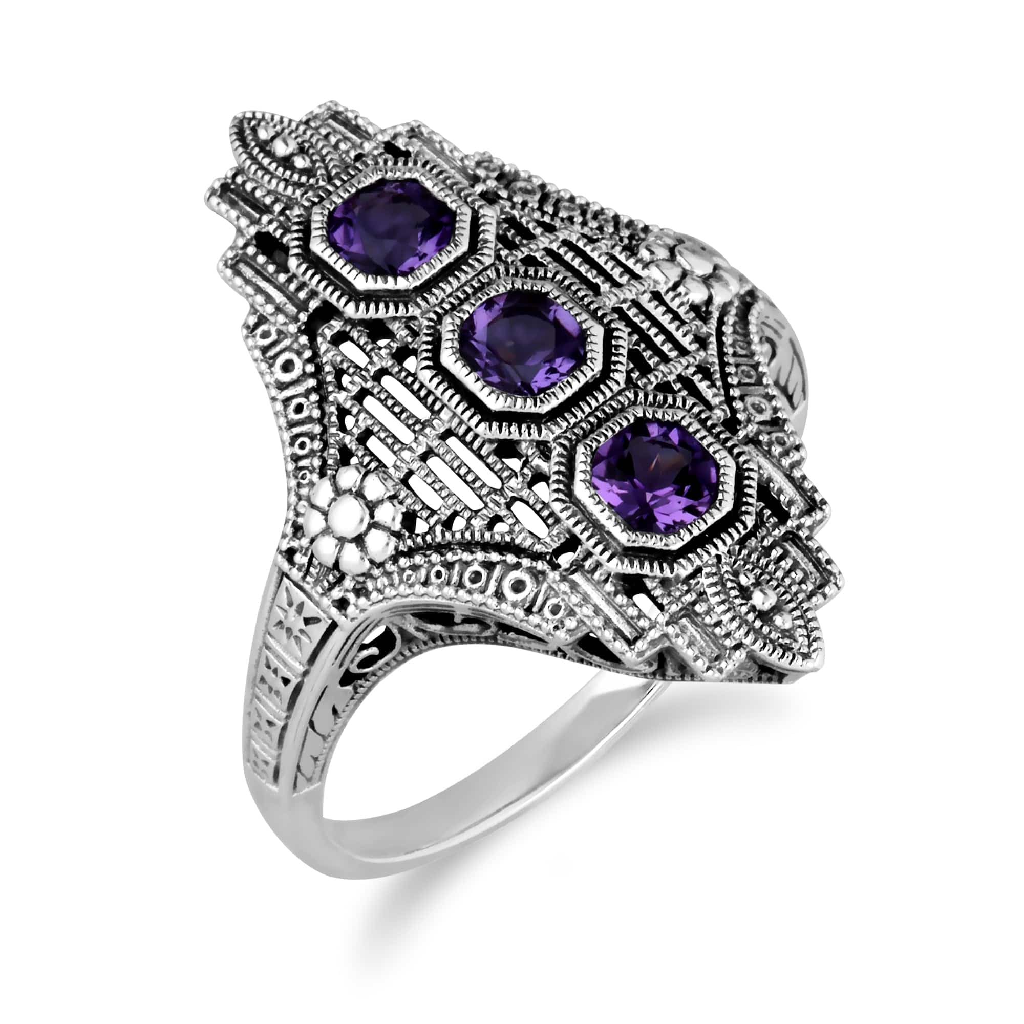 241R210502925 Art Nouveau Style Octagon Amethyst Three Stone Filigree Statement Ring in 925 Sterling Silver 3