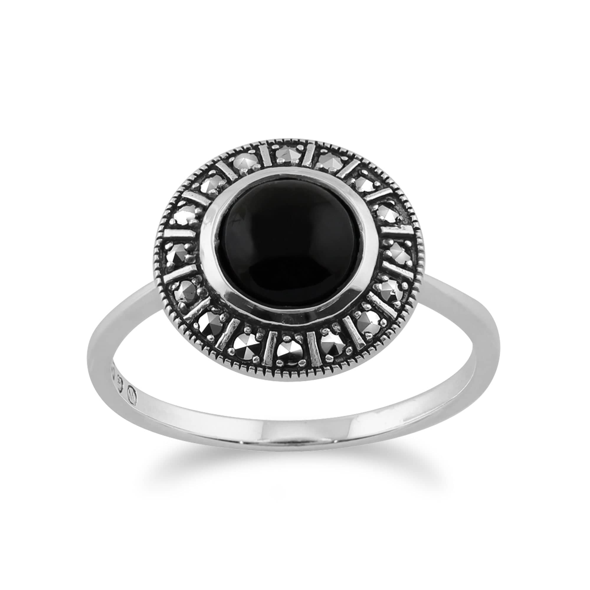 Art Deco Style Round Black Onyx Cabochon & Marcasite Halo Ring in 925 Sterling Silver