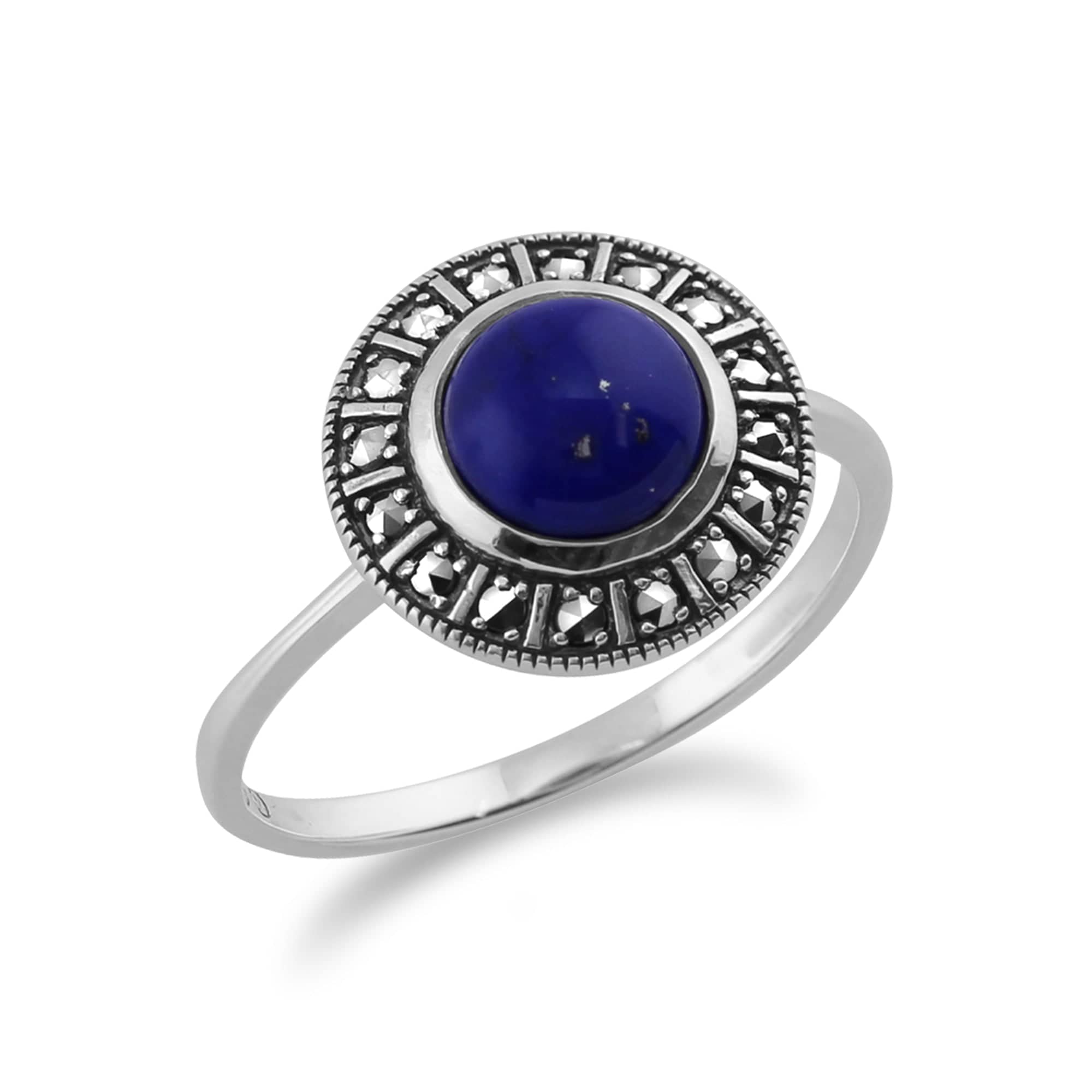 Art Deco Style Round Lapis Lazuli Cabochon & Marcasite Halo Ring in 925 Sterling Silver 1