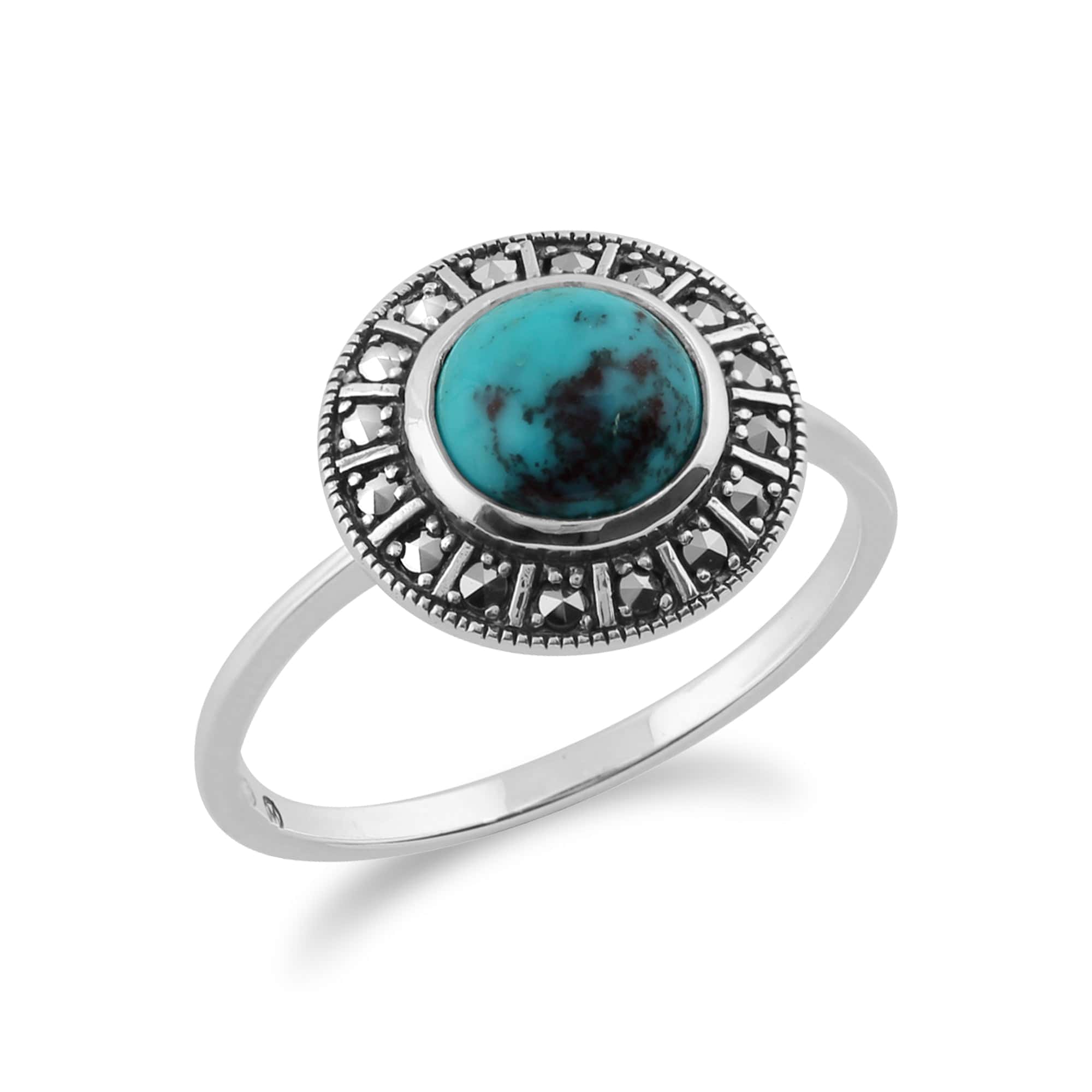 Art Deco Style Round Turquoise Cabochon & Marcasite Halo Ring in 925 Sterling Silver - Gemondo