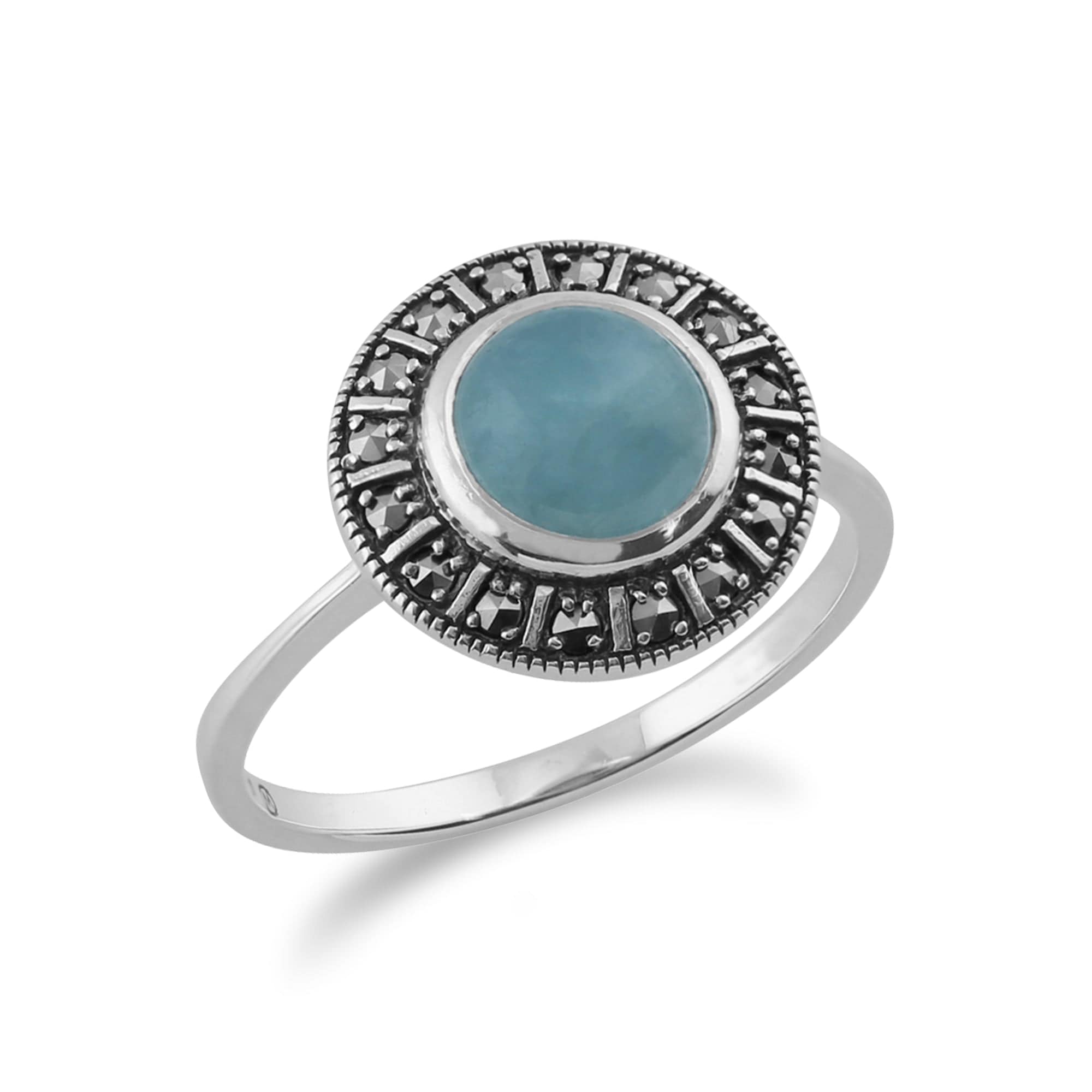 214R513414925 Art Deco Style Round Milky Aquamarine Cabochon & Marcasite Silver  Halo Ring 2