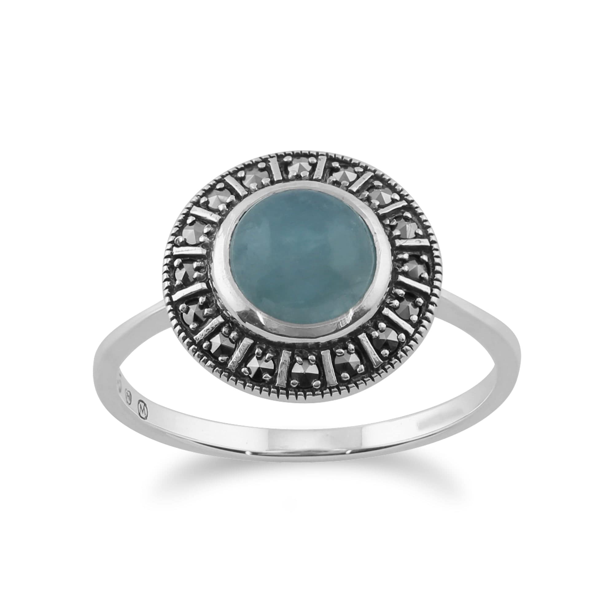 Art Deco Style Round Milky Aquamarine Cabochon & Marcasite Silver  Halo Ring - Gemondo