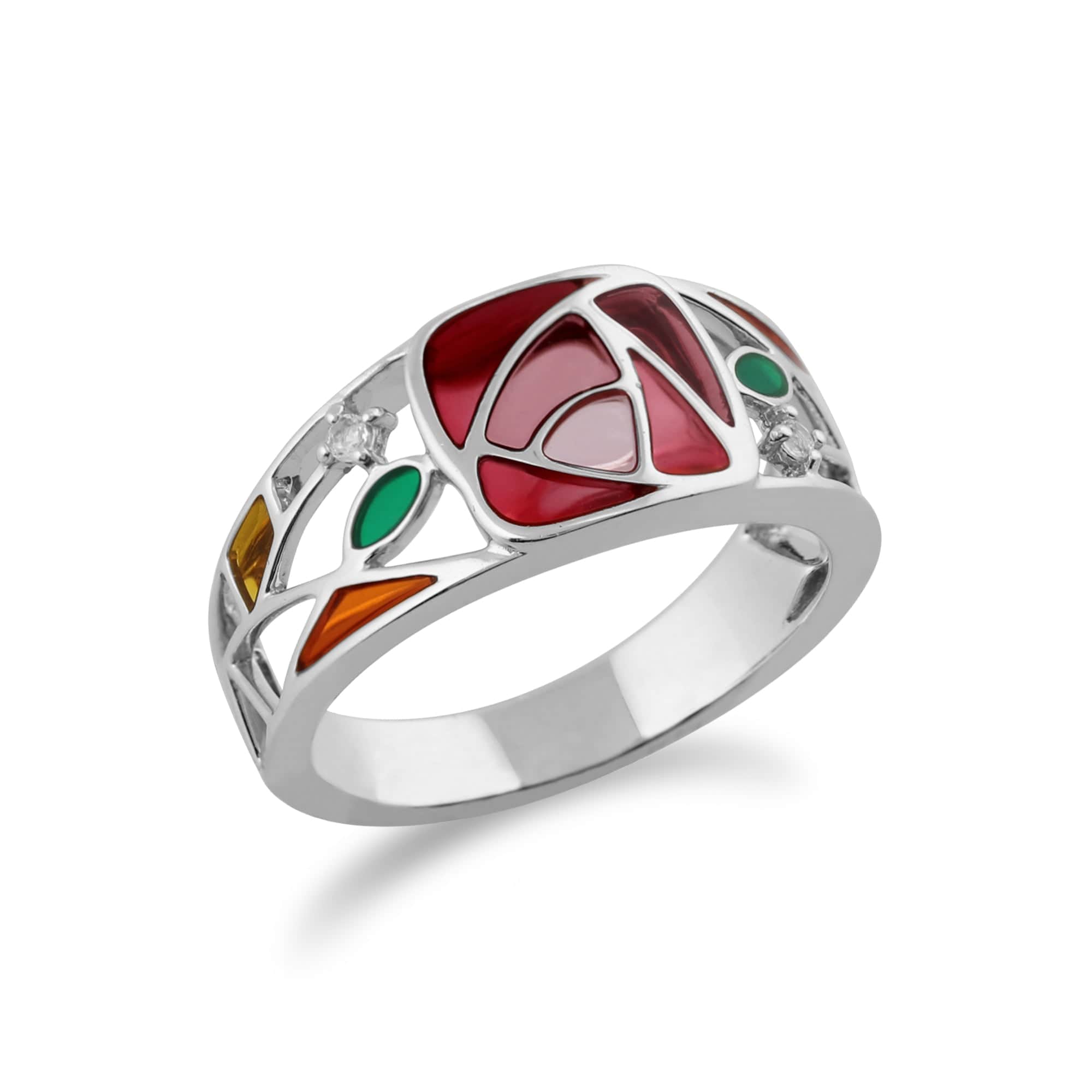 243R045301925 Rennie Mackintosh Round White Topaz & Enamel Glasgow Rose Band Ring in 925 Sterling Silver 2