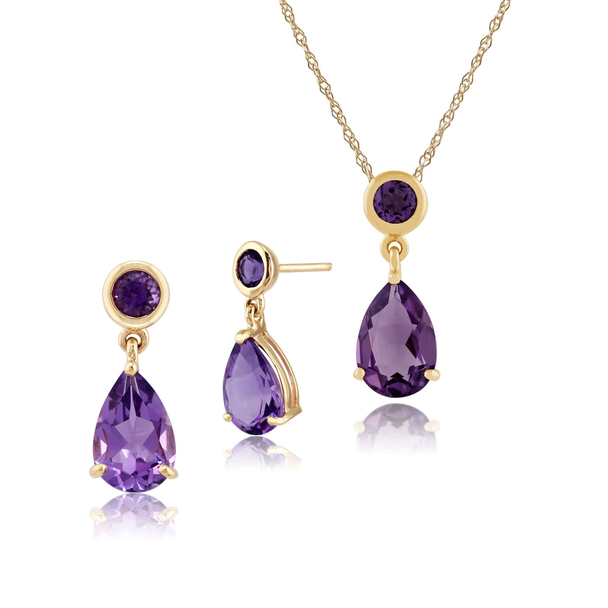 Classic Pear & Round Amethyst Drop Earrings & Pendant Set in 9ct Gold - Gemondo
