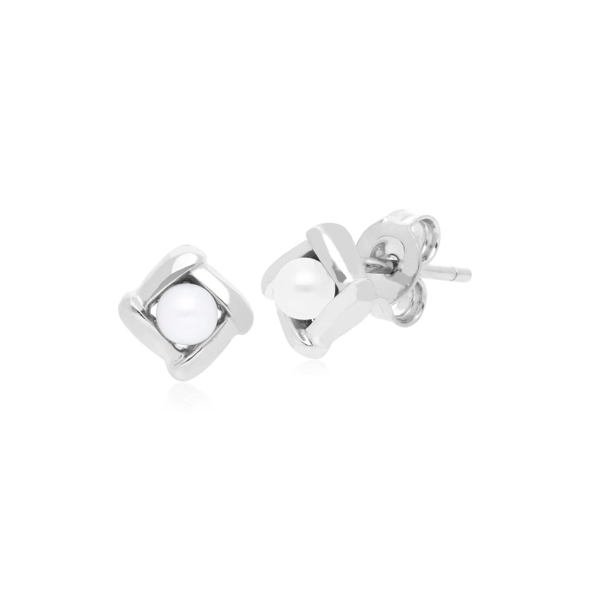 Classic Pearl Square Crossover Stud Earrings in 925 Sterling Silver - Gemondo