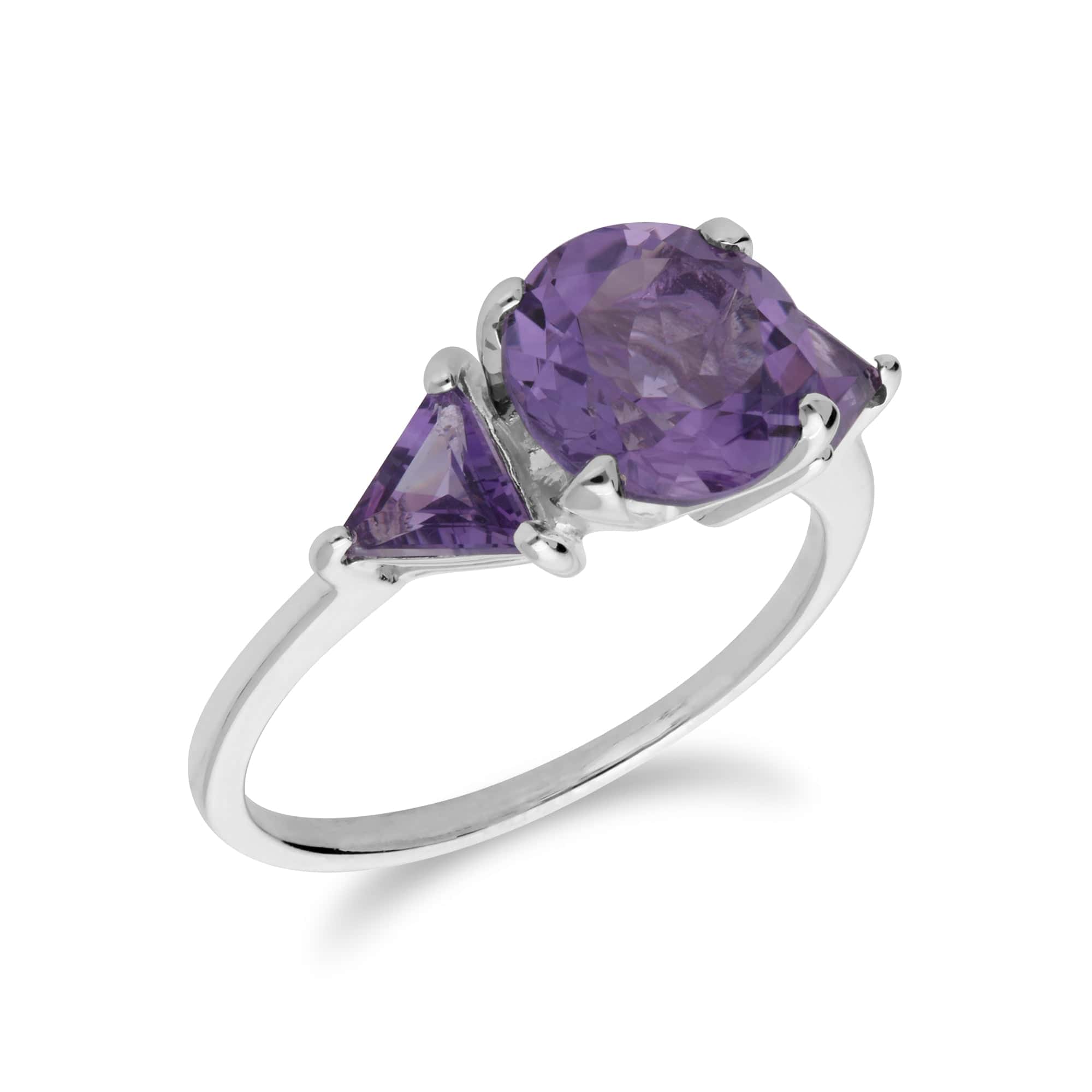 Classic Round & Prism Amethyst Three Stone Ring in 925 Sterling Silver - Gemondo