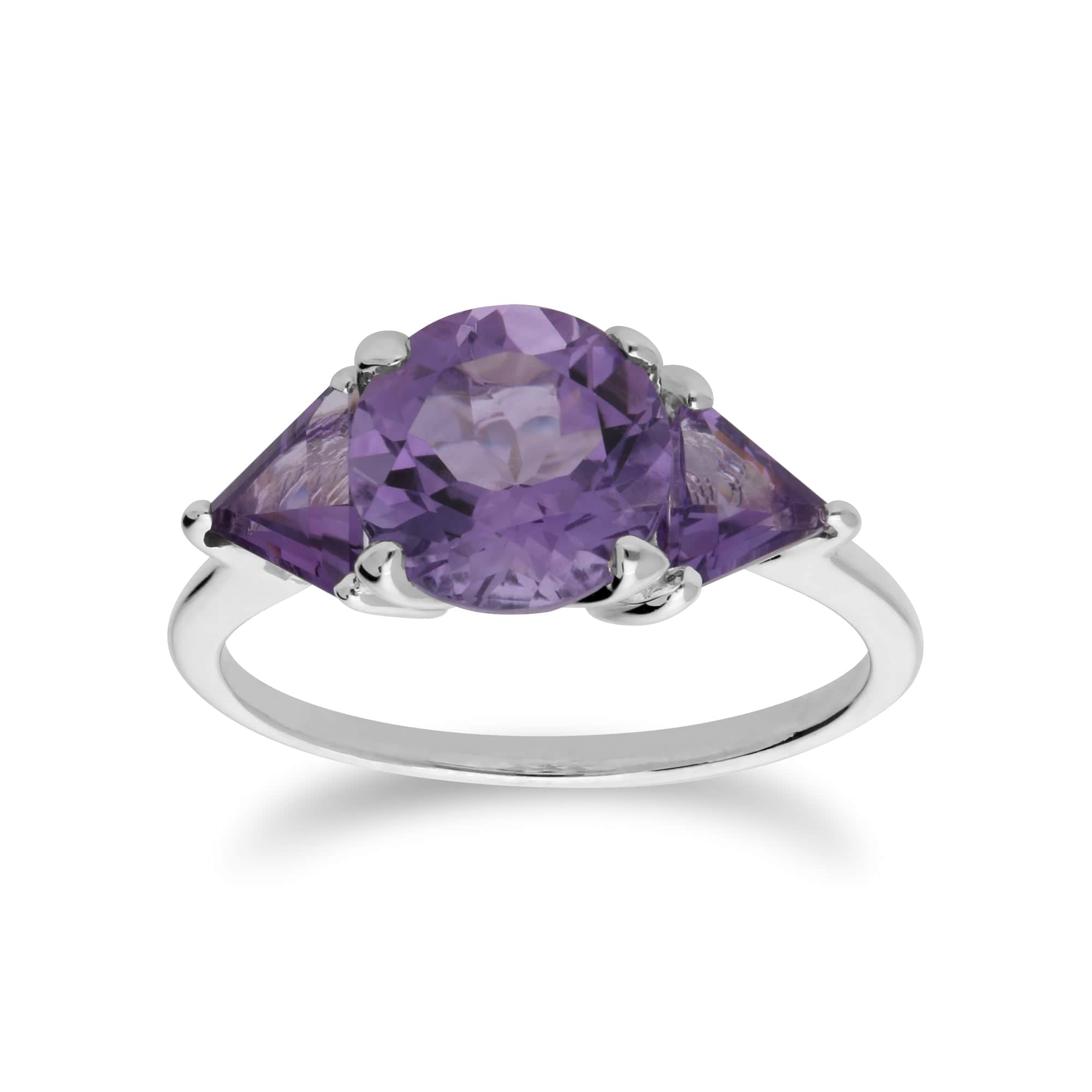 Classic Round & Prism Amethyst Three Stone Ring in 925 Sterling Silver - Gemondo
