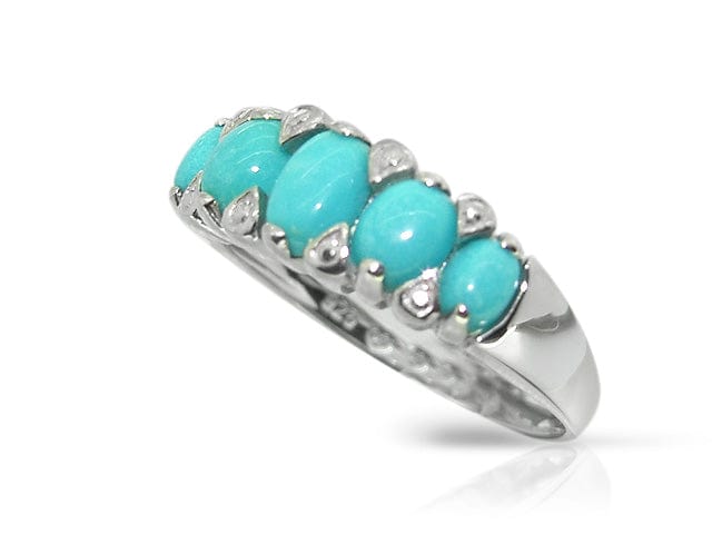 26361 Art Deco Style Oval Turquoise Cabochon Five Stone Ring in 925 Sterling Silver 2
