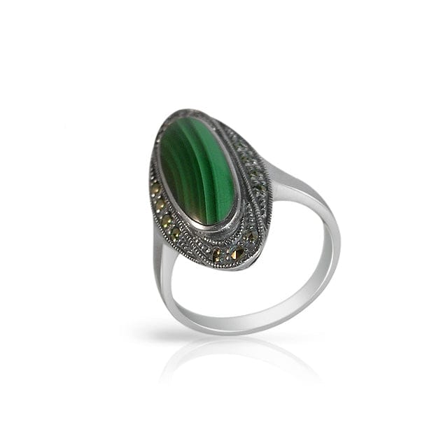 Art Deco Style Oval Malachite Cabochon Cocktail Ring in 925 Sterling Silver - Gemondo