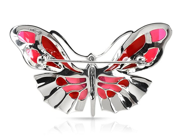26968 Art Nouveau Round Marcasite & Red Enamel Butterfly Brooch in 925 Sterling Silver 2