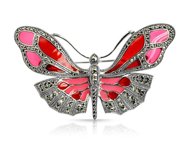 Art Nouveau Round Marcasite & Red Enamel Butterfly Brooch in 925 Sterling Silver - Gemondo