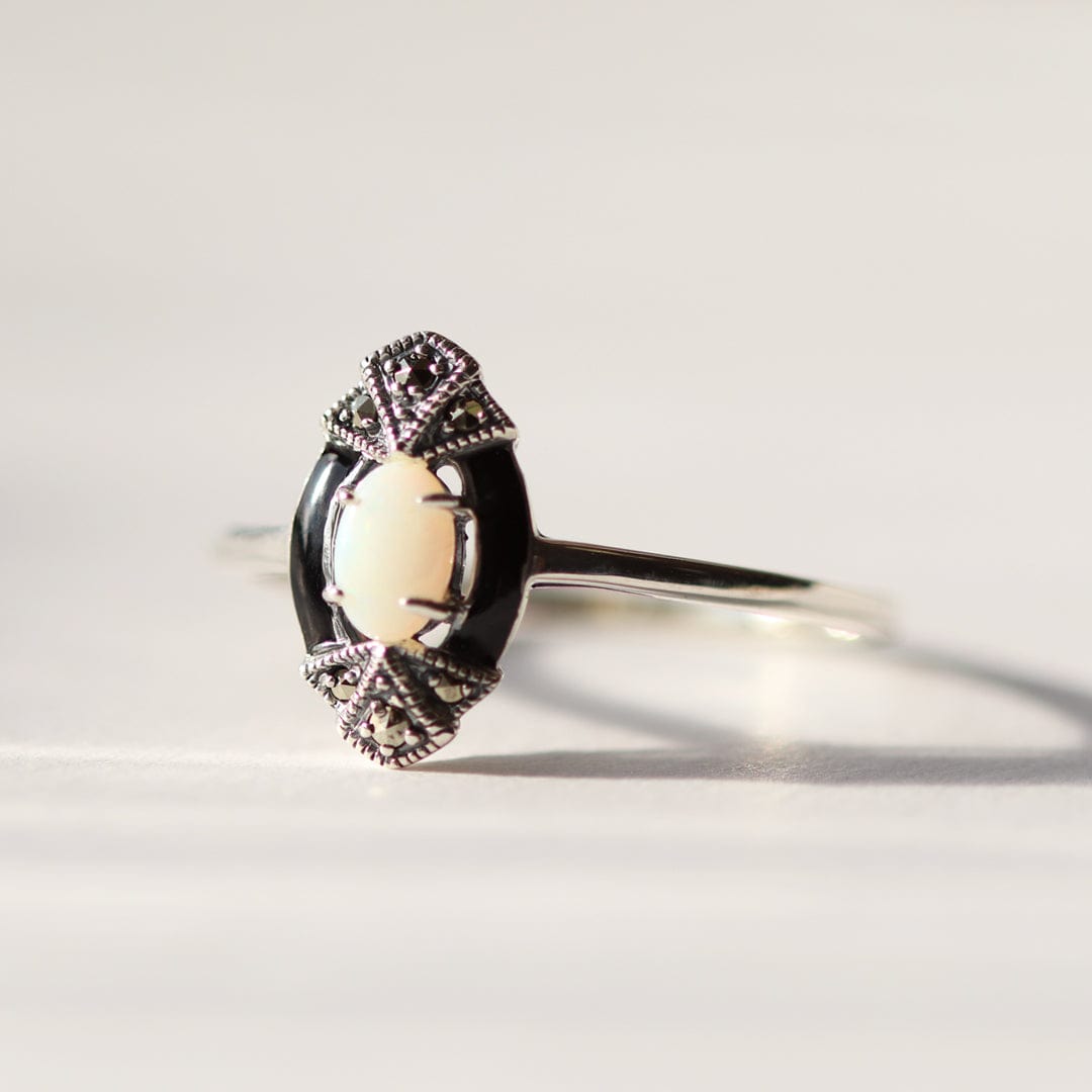 Art Deco Style Oval Opal, Marcasite & Black Enamel Marquise Ring In Sterling Silver - Gemondo