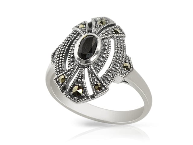 Art Deco Style Oval Black Onyx & Marcasite Cocktail Ring in 925 Sterling Silver - Gemondo