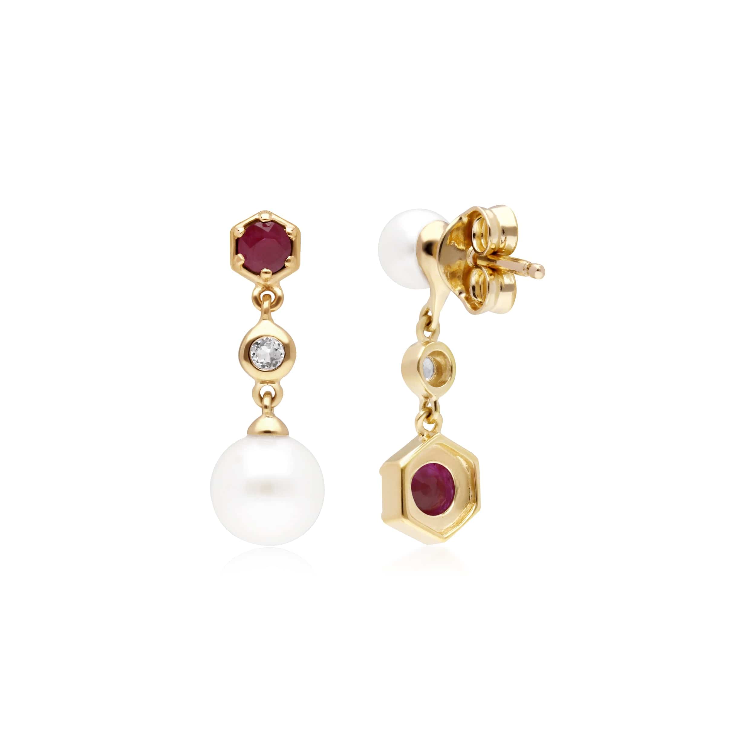 Modern Pearl, Ruby & Topaz Mismatched Drop Earrings in Gold Plated Silver - Gemondo