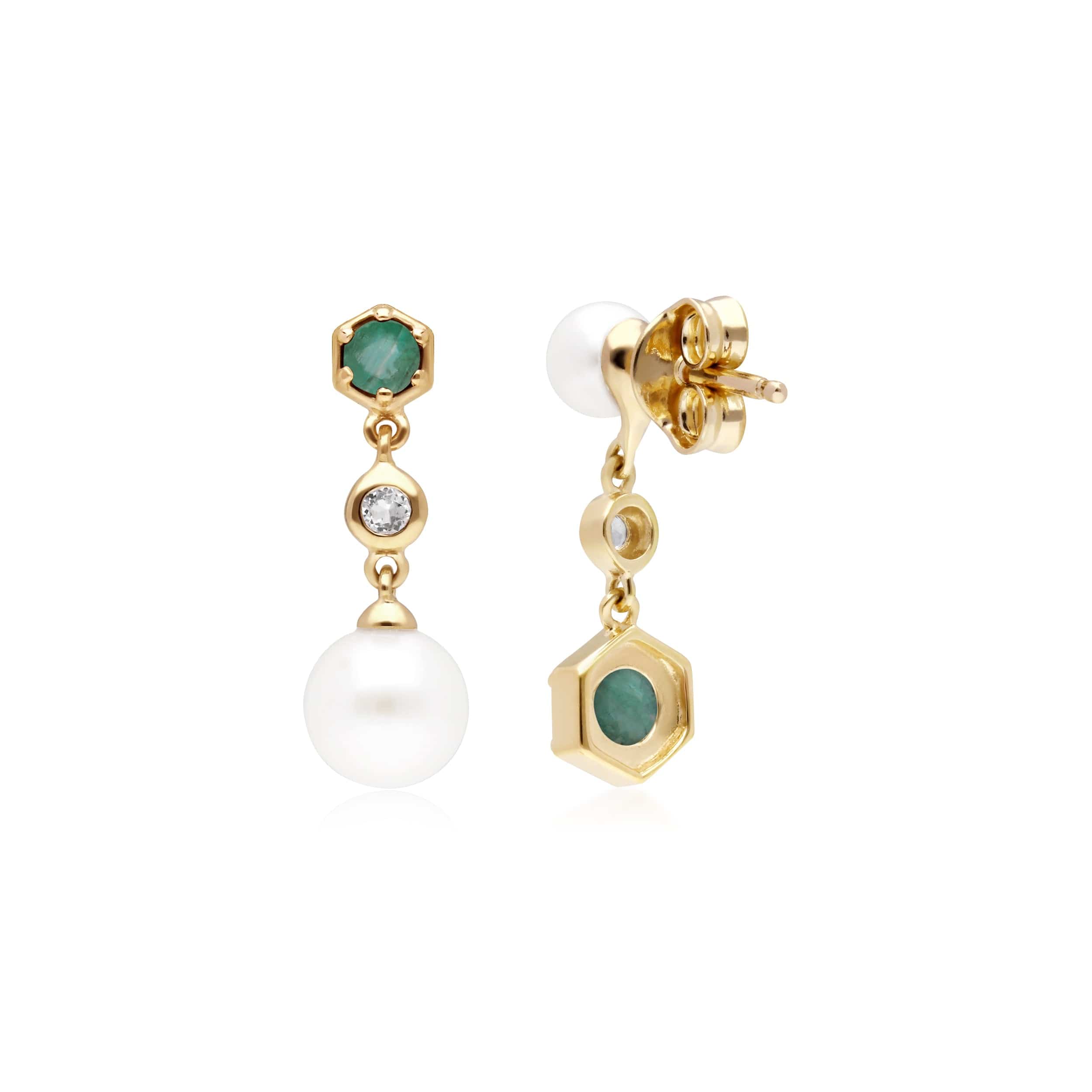 270E030103925 Modern Pearl, Emerald & Topaz Mismatched Drop Earrings in Gold Plated Silver 3