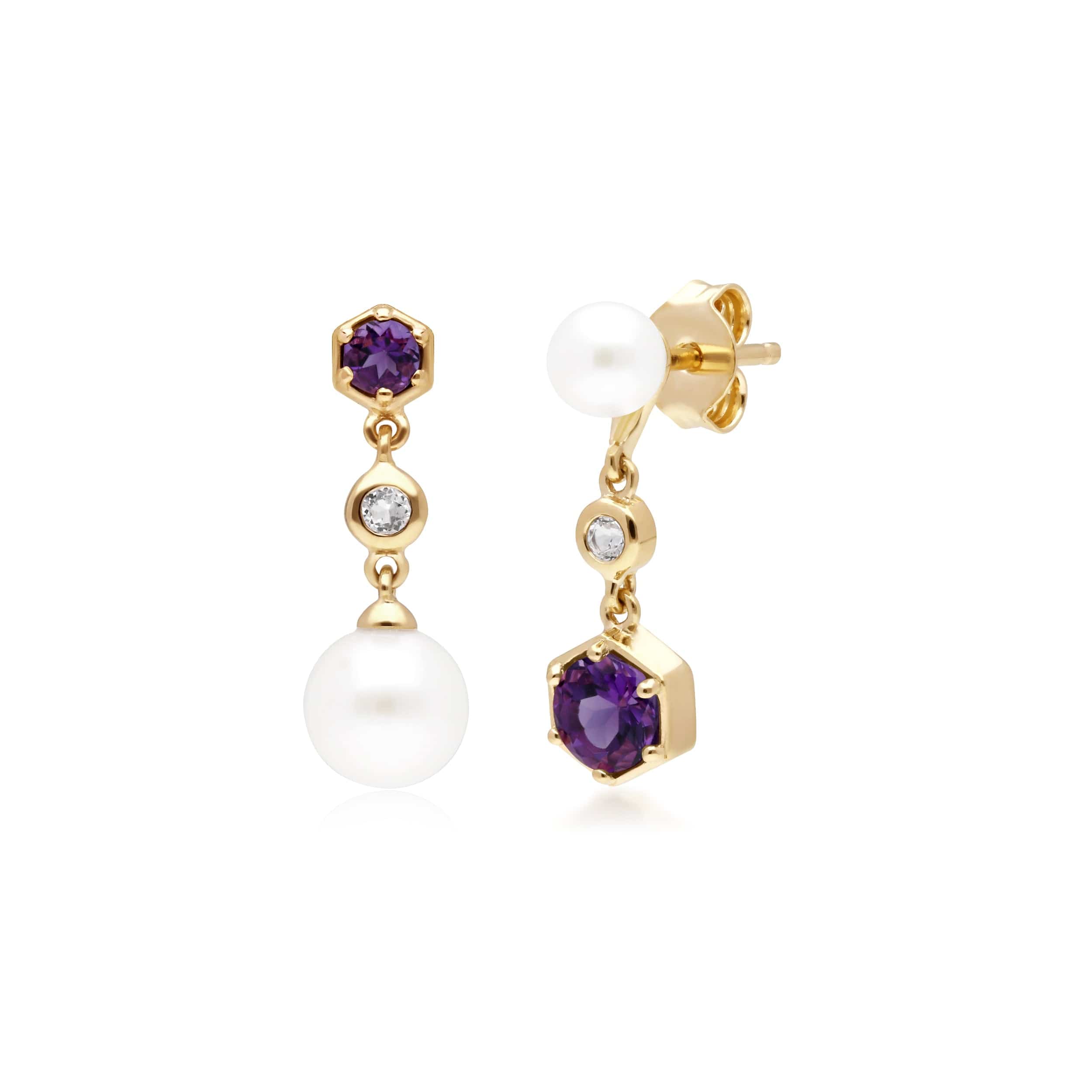 Modern Pearl, Amethyst & Topaz Mismatched Drop Earrings in Gold Plated Silver