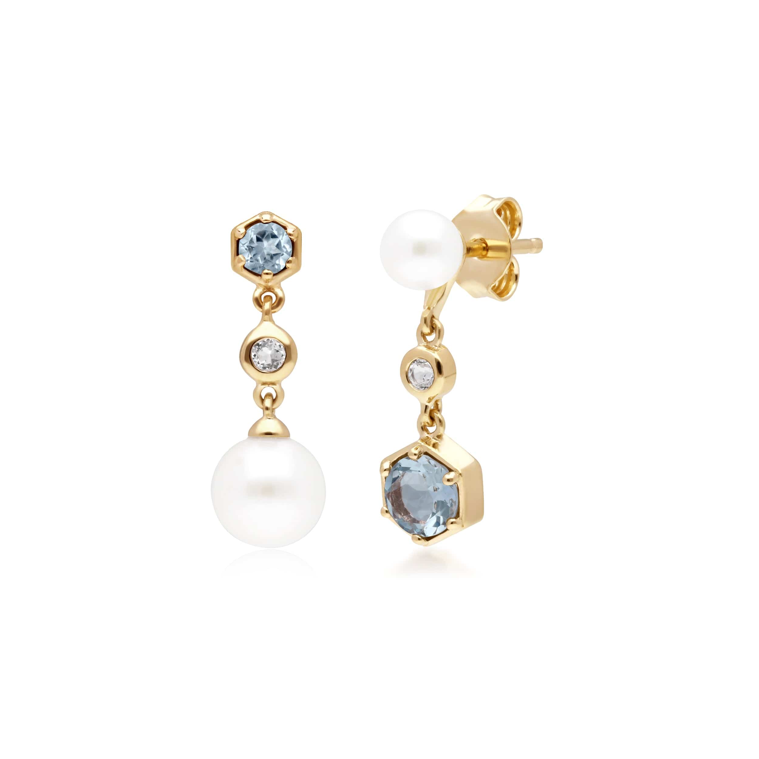 Modern Pearl, Aquamarine & Topaz Mismatched Drop Earrings in Gold Plated Silver