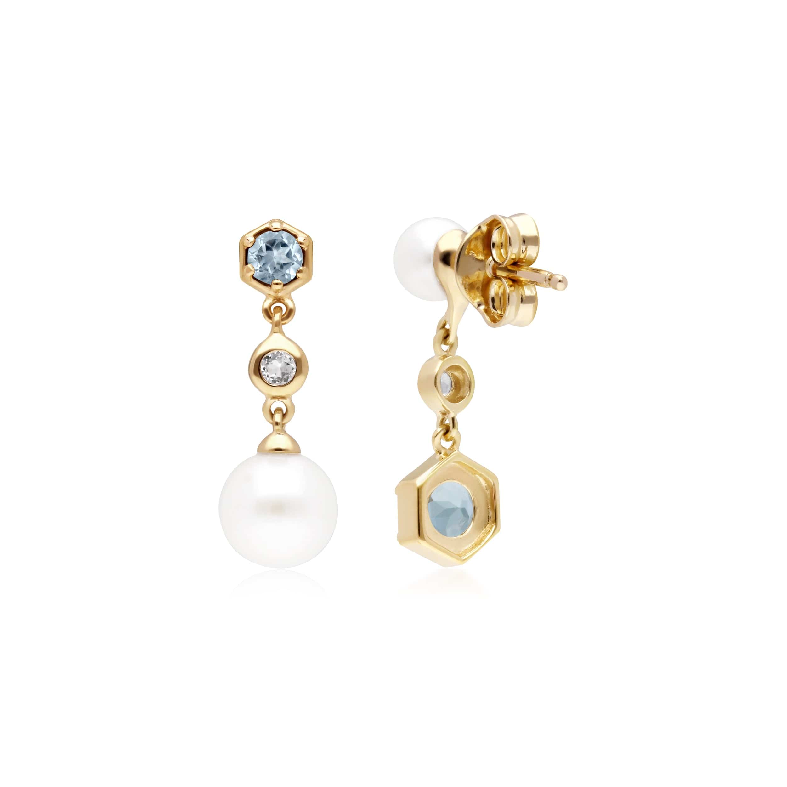 270E030105925 Modern Pearl, Aquamarine & Topaz Mismatched Drop Earrings in Gold Plated Silver 2