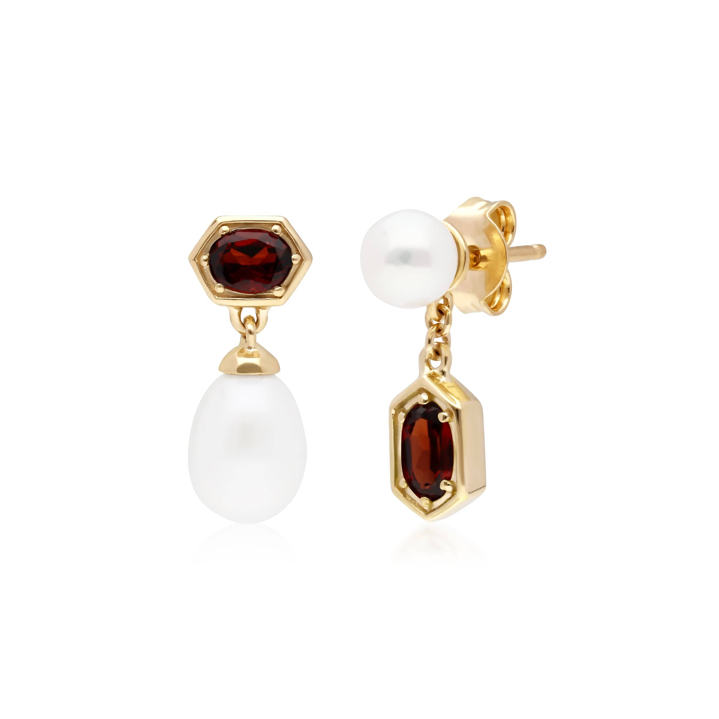 Modern Pearl & Garnet Mismatched Drop Earrings in Gold Plated Sterling Silver