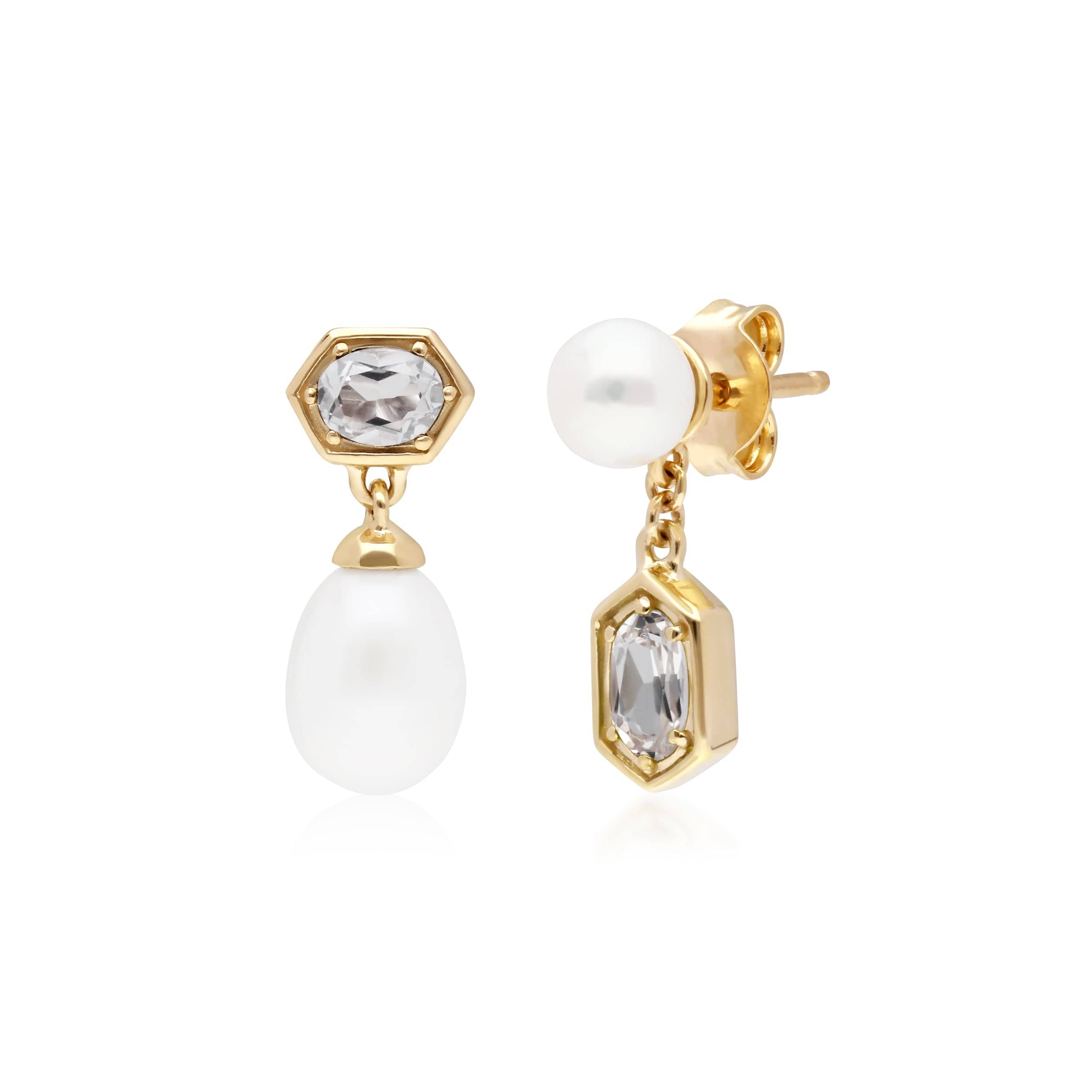270E030209925 Modern Pearl & White Topaz Mismatched Drop Earrings in Gold Plated Silver 1