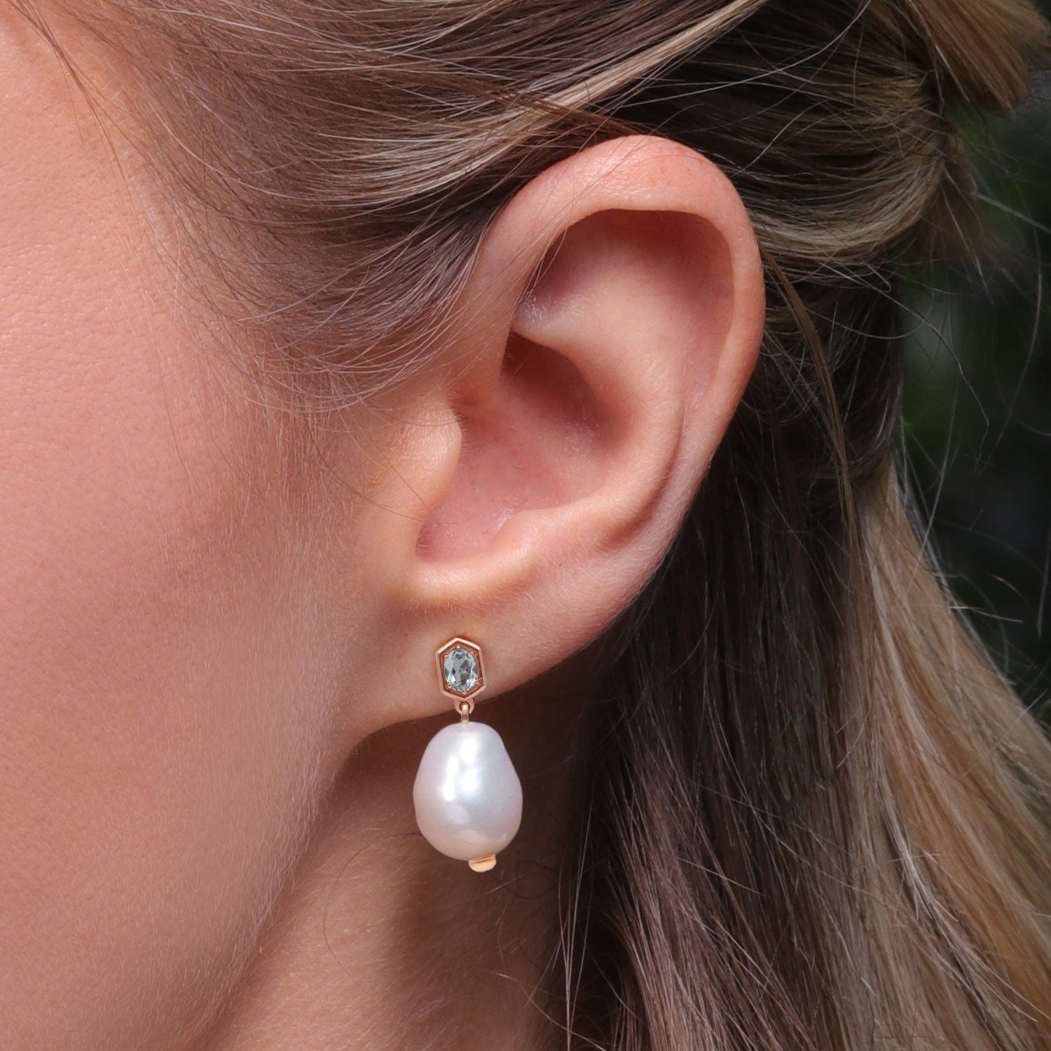 Modern Baroque Pearl & Aquamarine Drop Earrings in Rose Gold Plated Sterling Silver