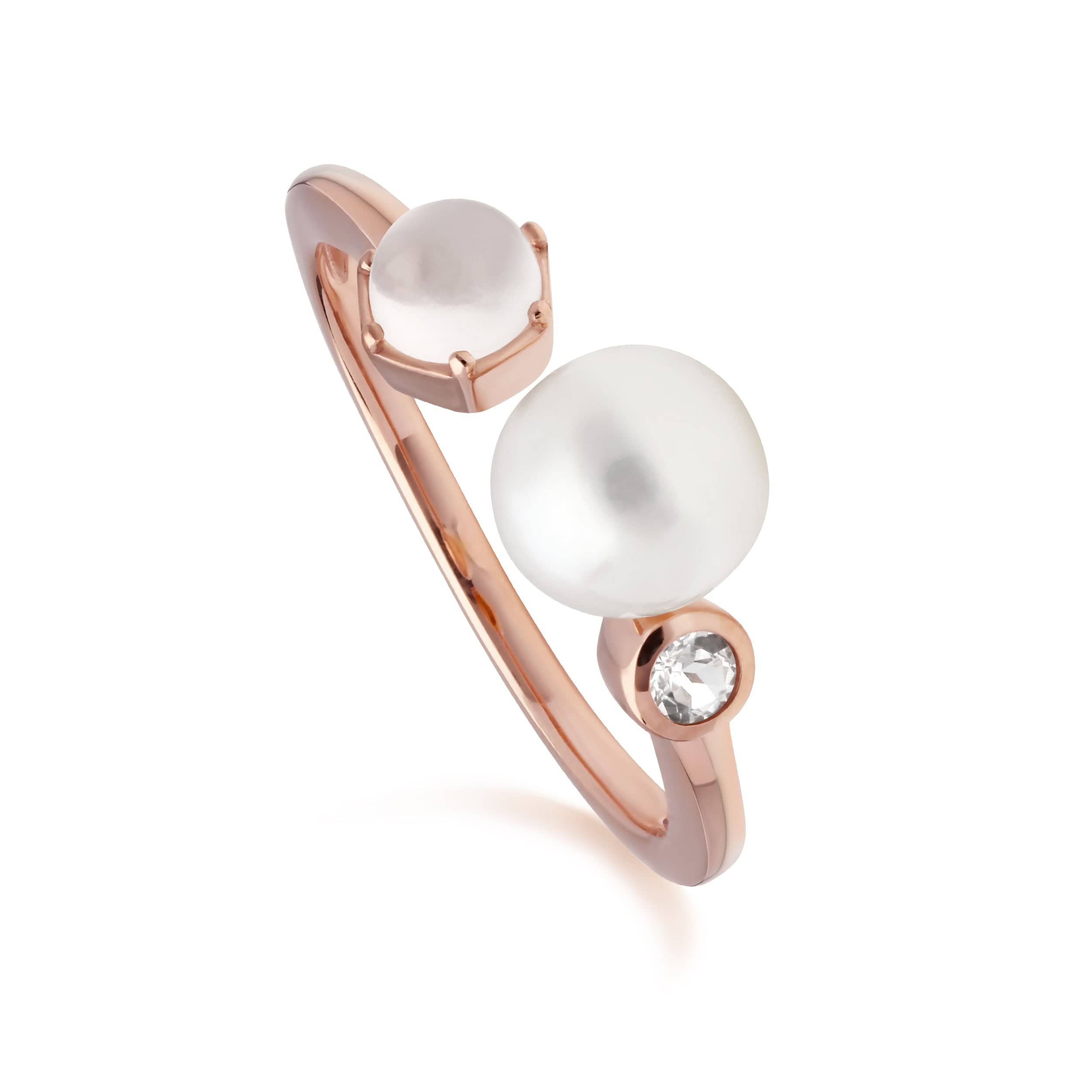 270R059302925 Modern Pearl, Moonstone & White Topaz Open Ring in Rose Gold Plated Silver 1