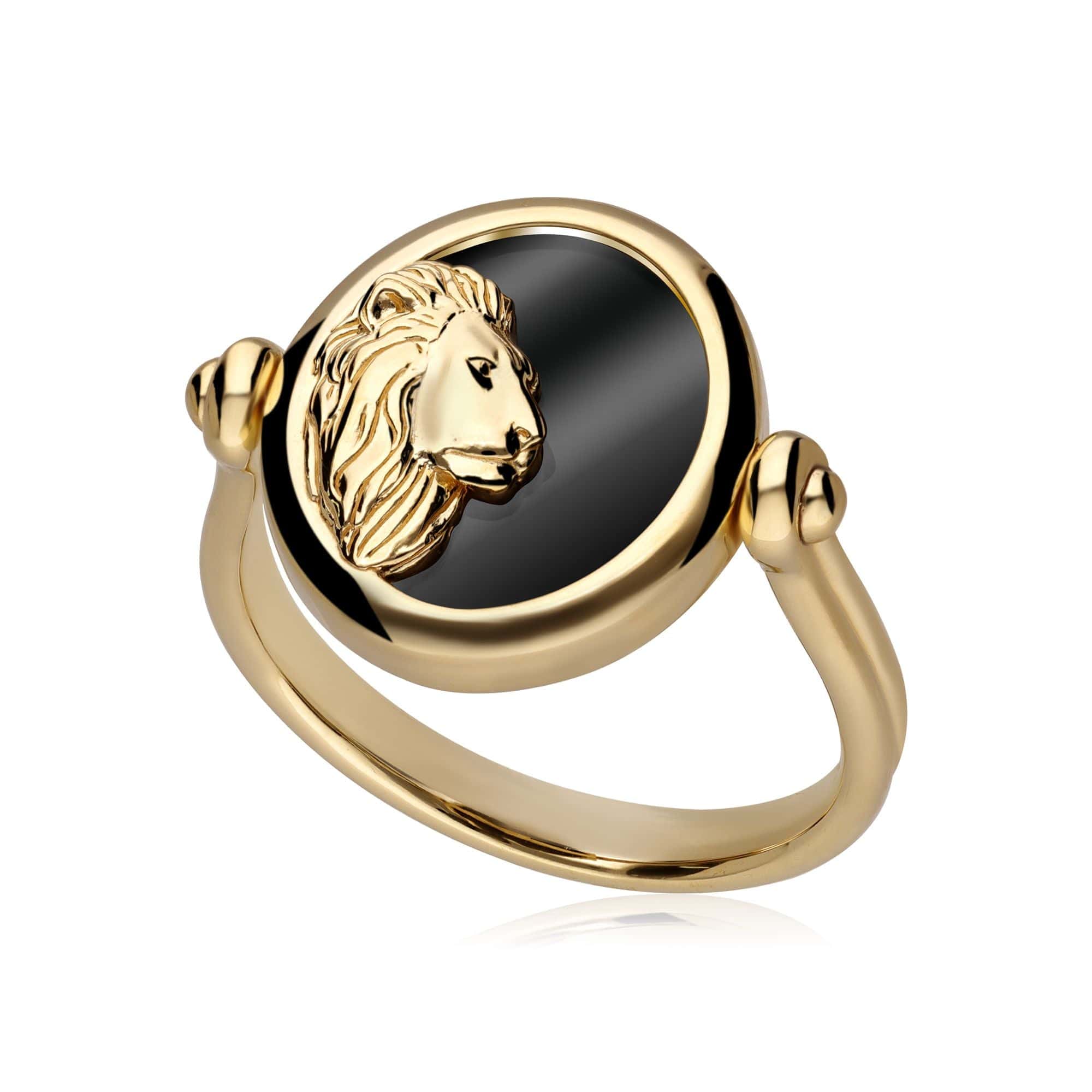Zodiac Black Onyx Leo Flip Ring in 18ct Gold Plated Silver - Gemondo