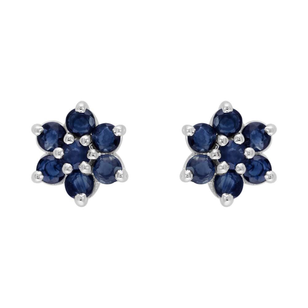 Floral Round Sapphire & Diamond Cluster Stud Earrings in 925 Sterling Silver