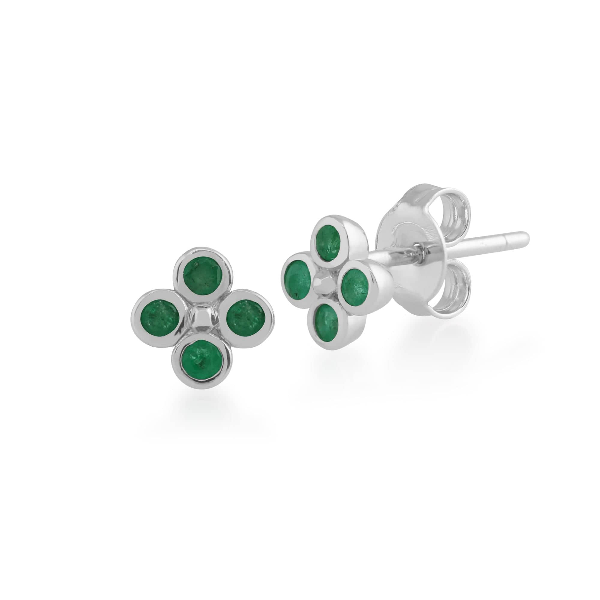 Floral Round Emerald Bezel Set Clover Stud Earrings in 925 Sterling Silver - Gemondo
