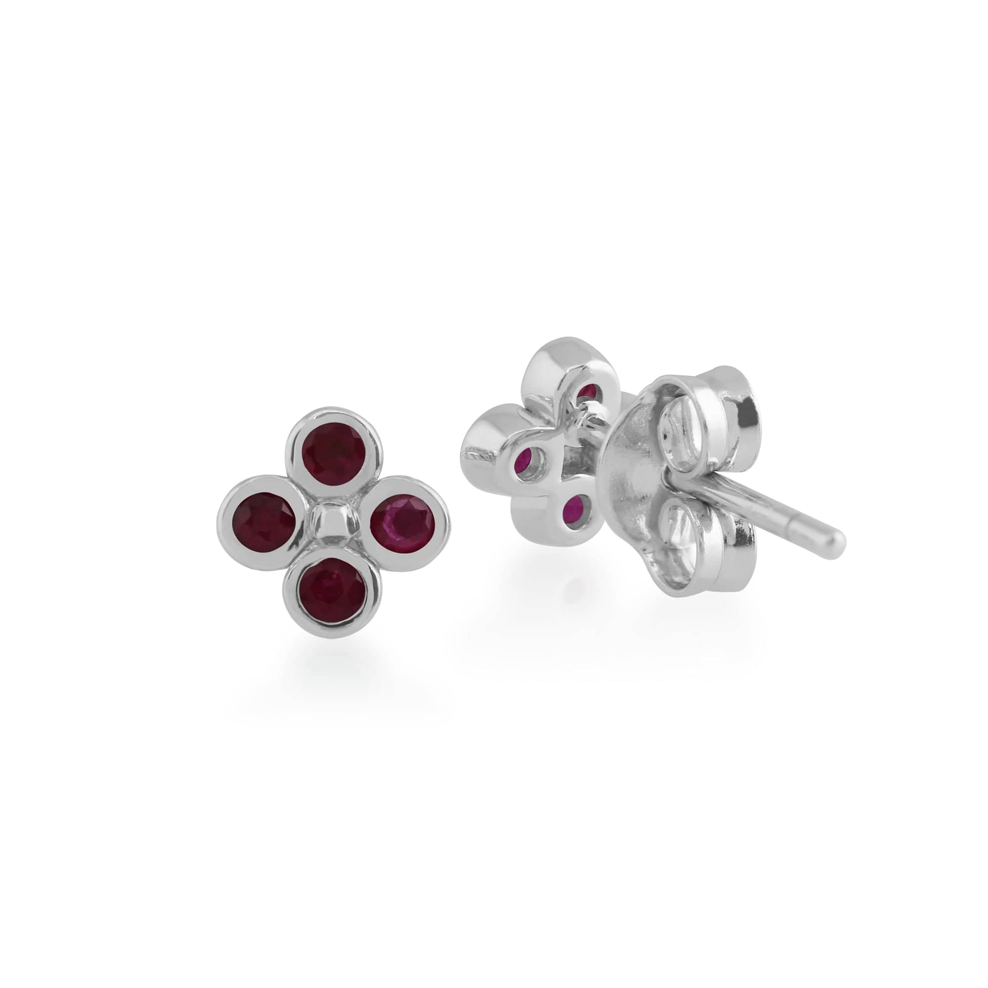 Floral Round Ruby Bezel Set Clover Stud Earrings in 925 Sterling Silver - Gemondo