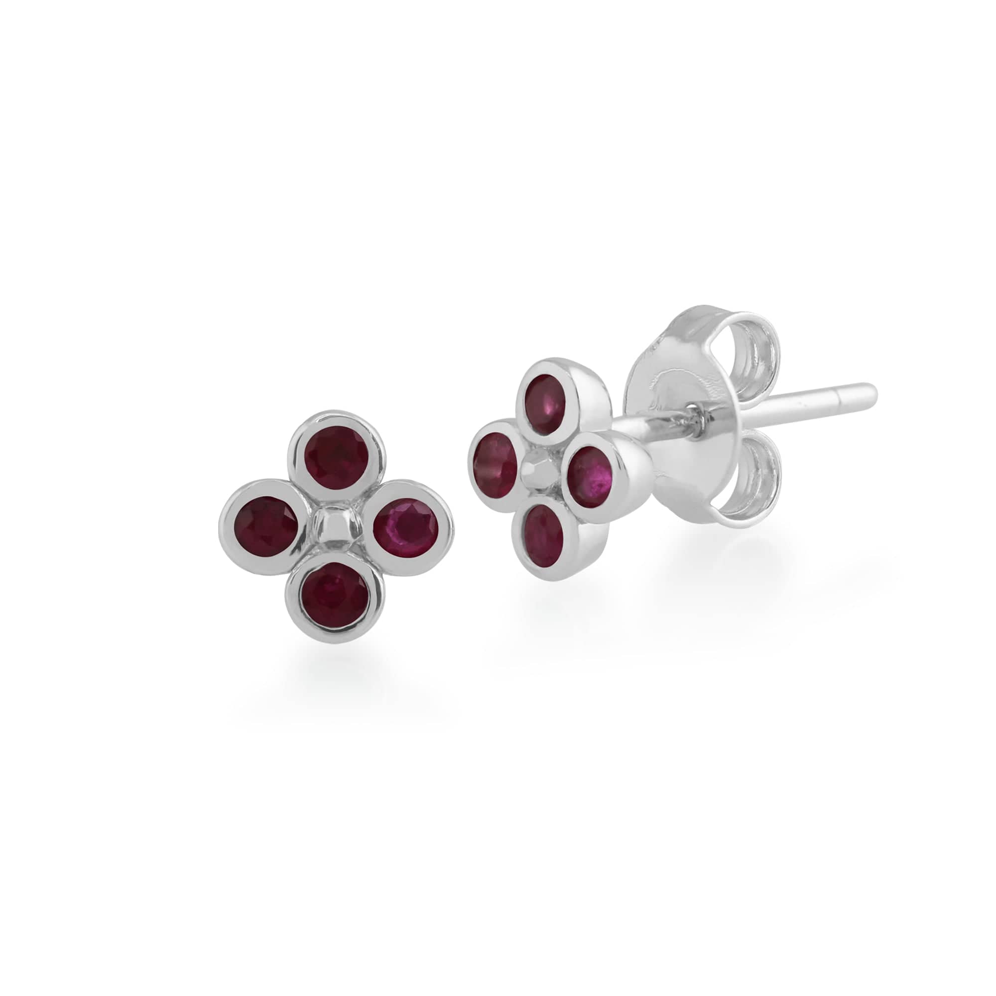 Floral Round Ruby Bezel Set Clover Stud Earrings in 925 Sterling Silver - Gemondo