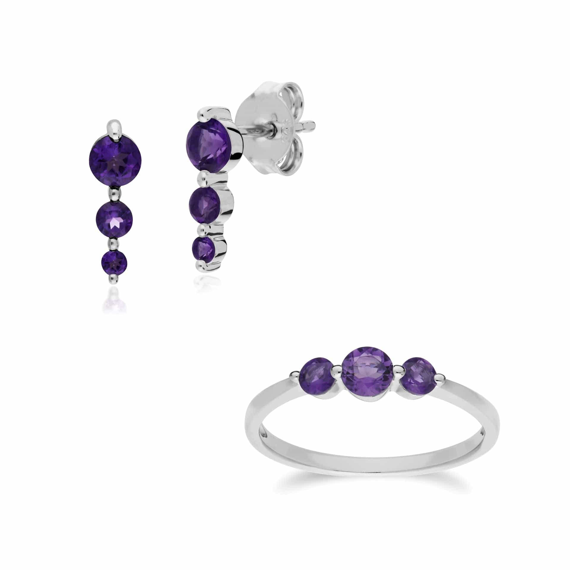 270E025503925-270R056003925 Classic Round Amethyst Three Stone Gradient Earrings & Ring Set in 925 Sterling Silver 1