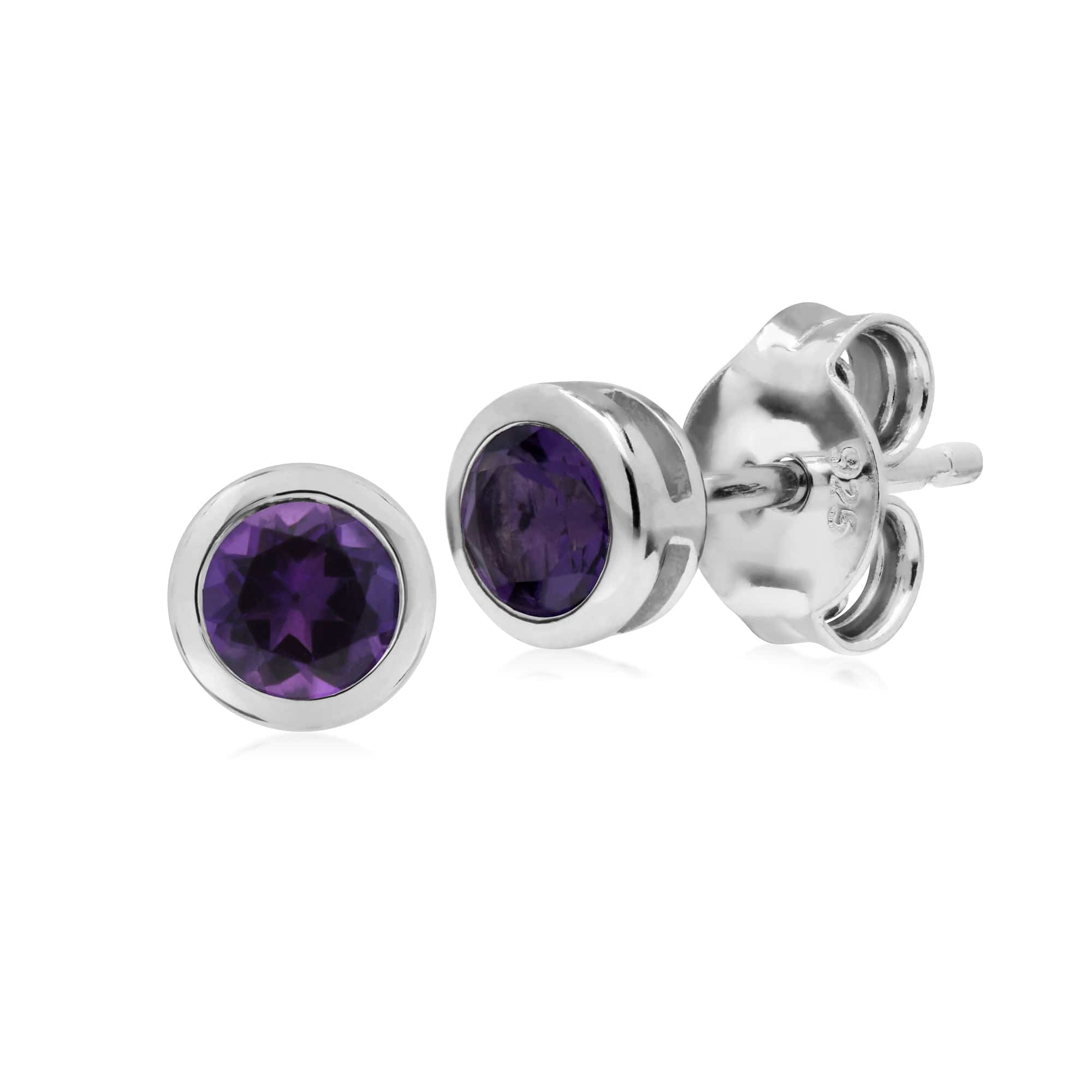 Classic Round Amethyst Bezel Stud Earrings in Sterling Silver - Gemondo