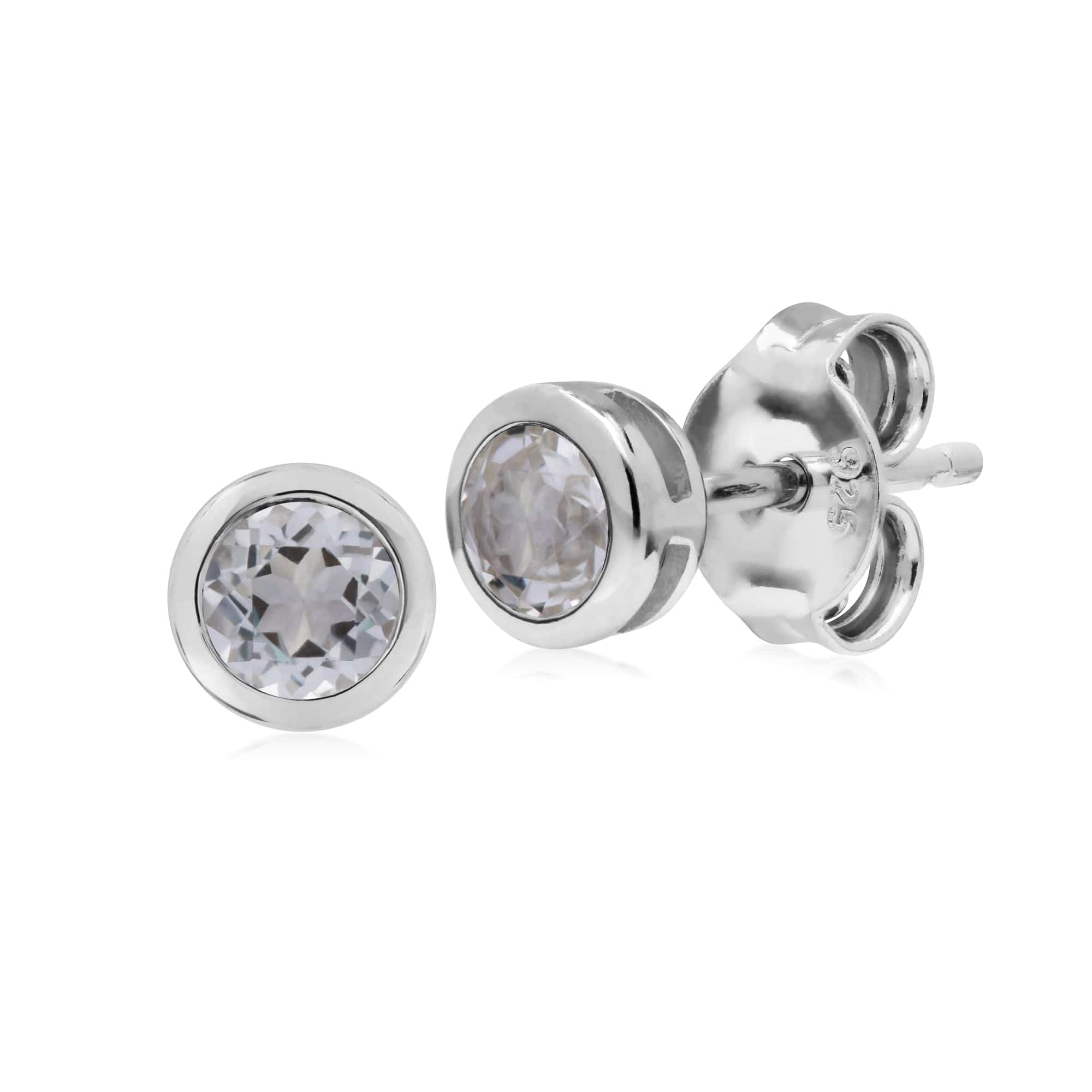 Classic Round White Topaz Bezel Stud Earrings in 925 Sterling Silver - Gemondo