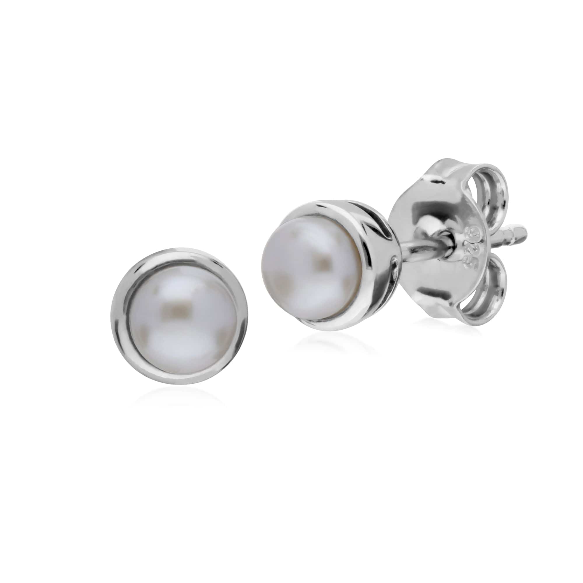 Sterling Silver Simple Chinese Freshwater Pearl Bezel Round Stud Earrings - Gemondo