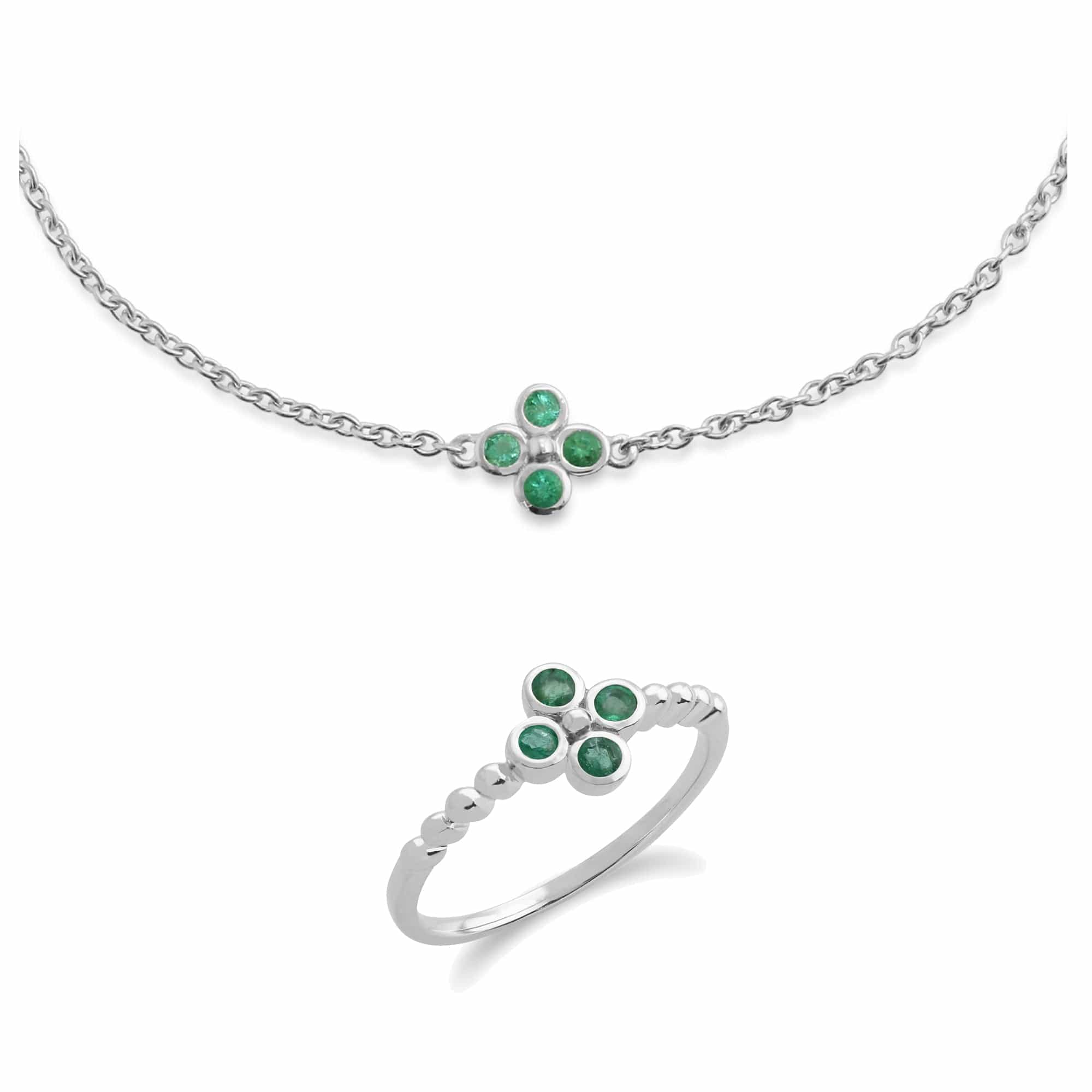 Floral Round Emerald Clover Bracelet & Ring Set in 925 Sterling Silver - Gemondo