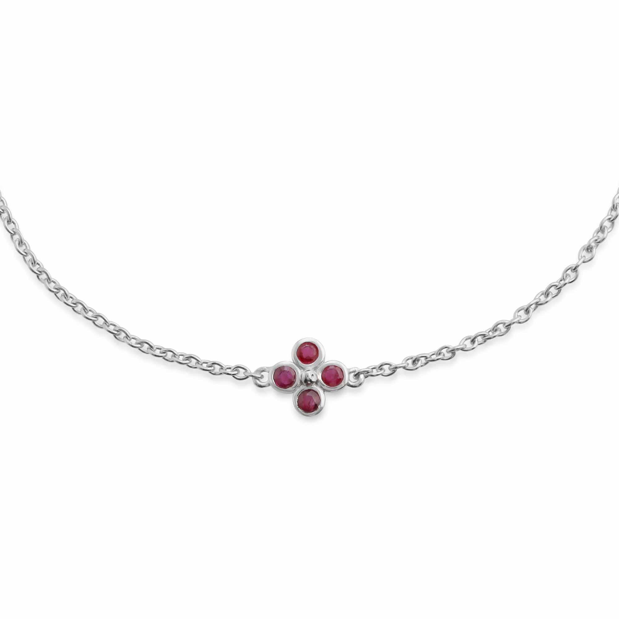 Floral Round Ruby Bezel Set Clover Bracelet in Sterling Silver - Gemondo