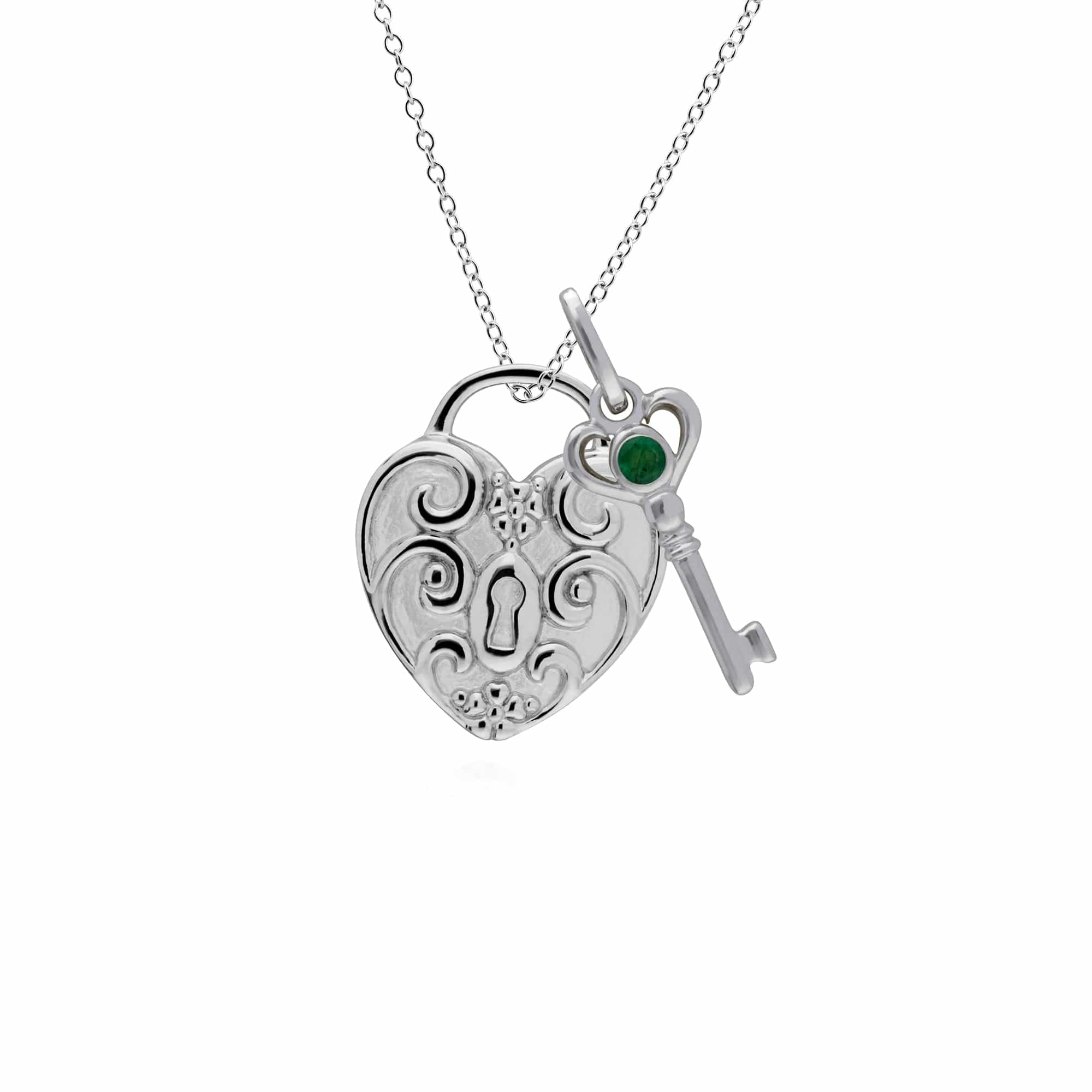 270P026401925-270P026601925 Classic Swirl Heart Lock Pendant & Emerald Key Charm in 925 Sterling Silver 1