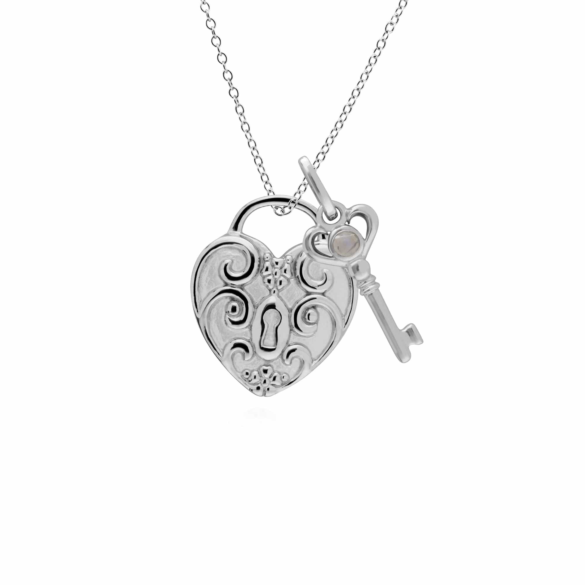 270P027502925-270P026601925 Classic Swirl Heart Lock Pendant & Rainbow Moonstone Key Charm in 925 Sterling Silver 1
