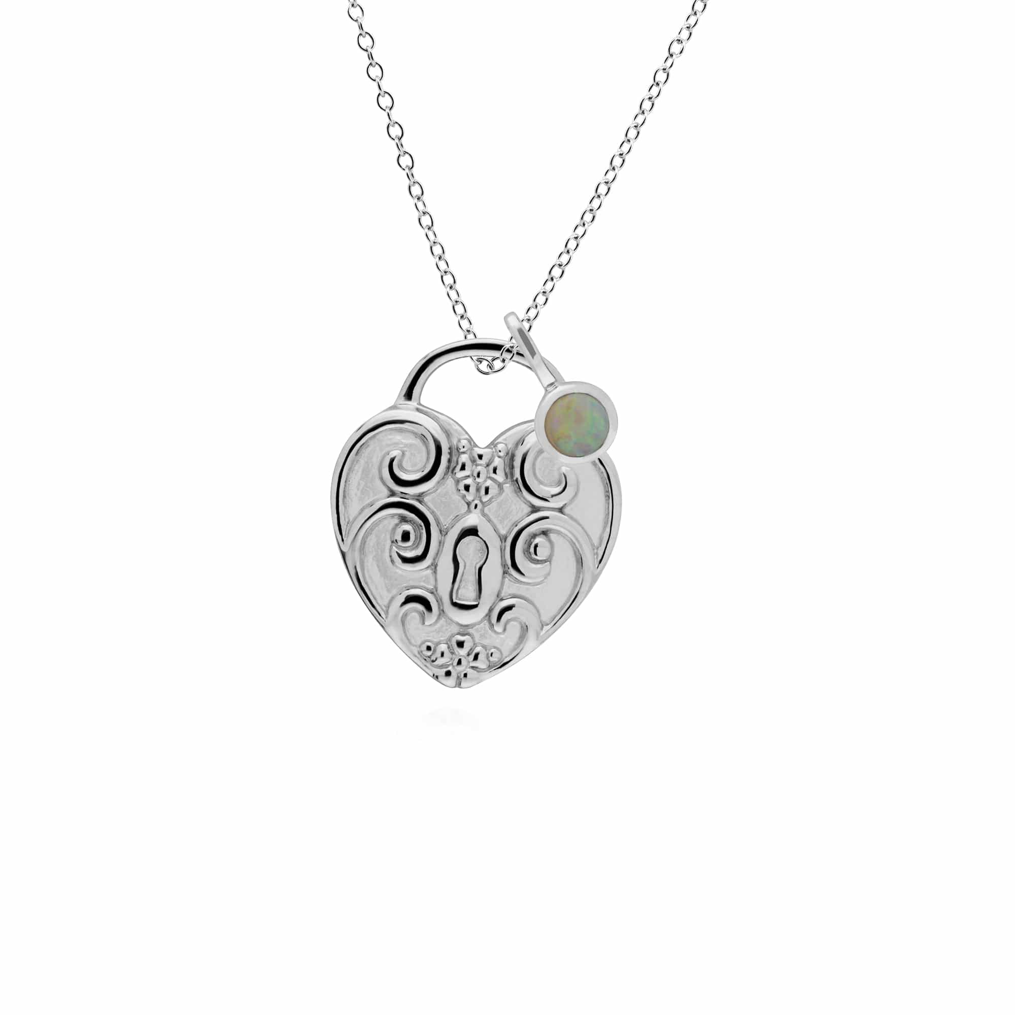 270P028402925-270P026601925 Classic Swirl Heart Lock Pendant & Opal Charm in 925 Sterling Silver 1