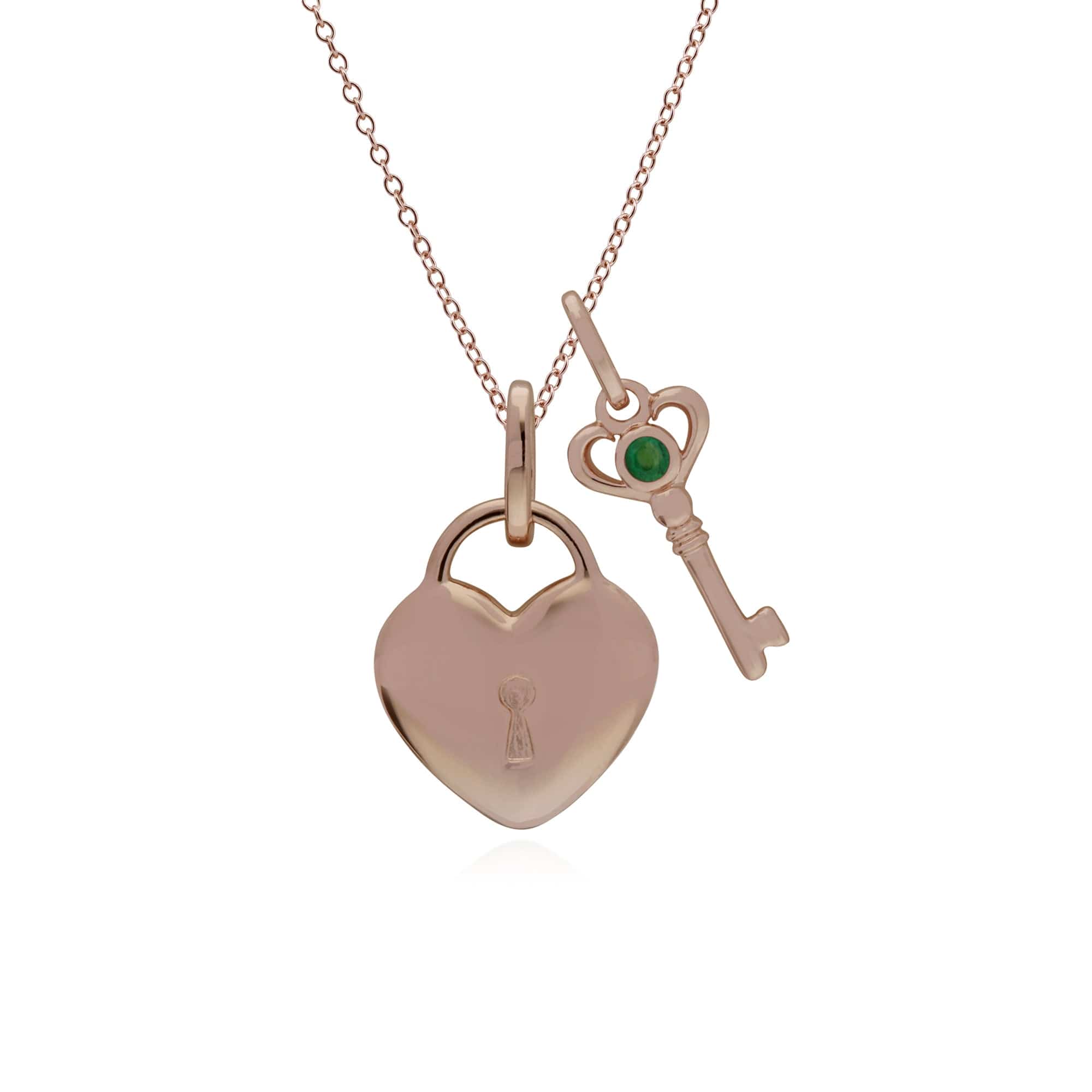 270P026303925-270P026901925 Classic Heart Lock Pendant & Emerald Key Charm in Rose Gold Plated 925 Sterling Silver 1