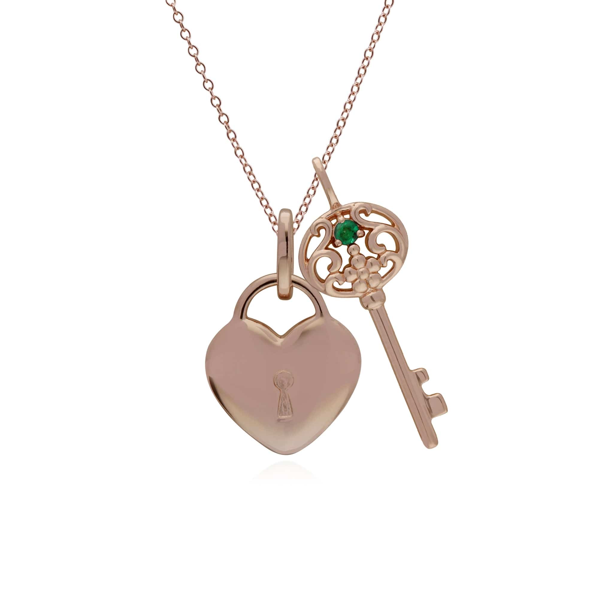 270P026704925-270P026901925 Classic Heart Lock Pendant & Emerald Big Key Charm in Rose Gold Plated 925 Sterling Silver 1